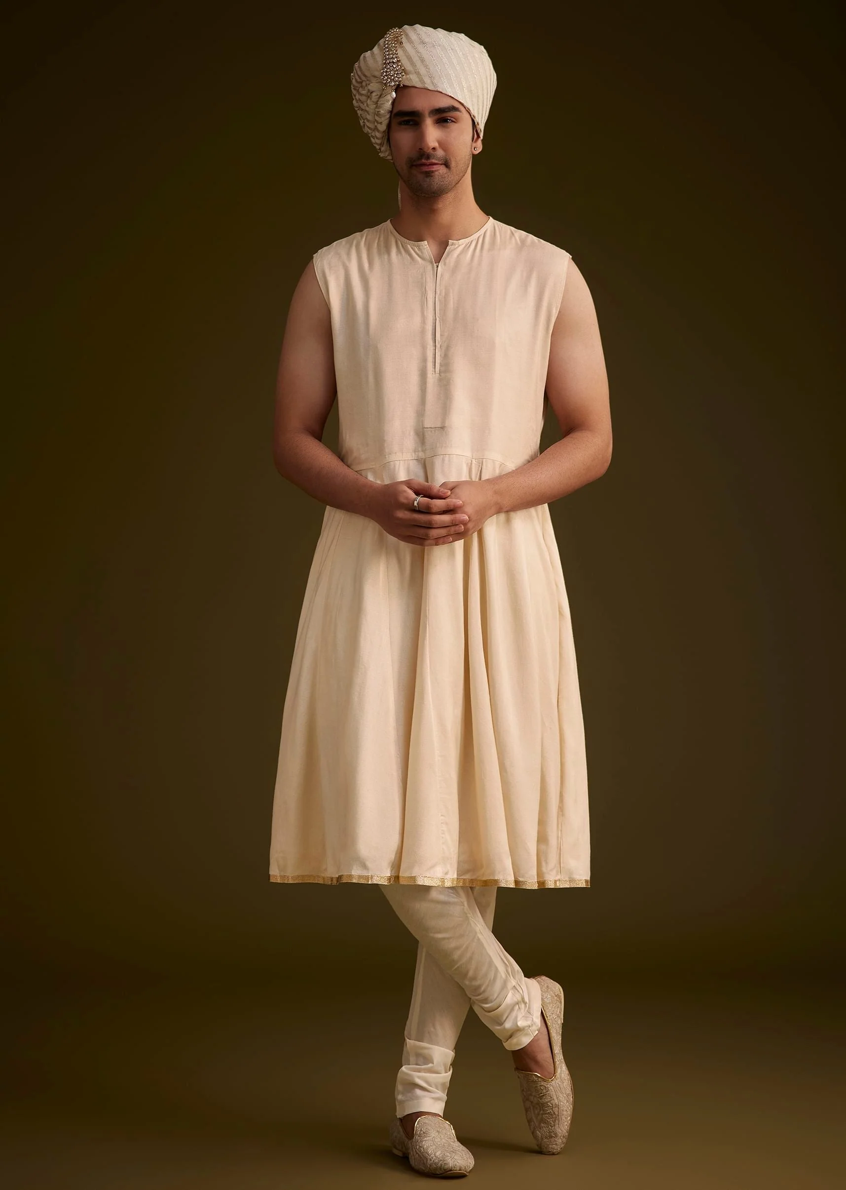 Beige Silk Sherwani Set With Zardosi Embroidery And Anarkali Kurta - Image 6