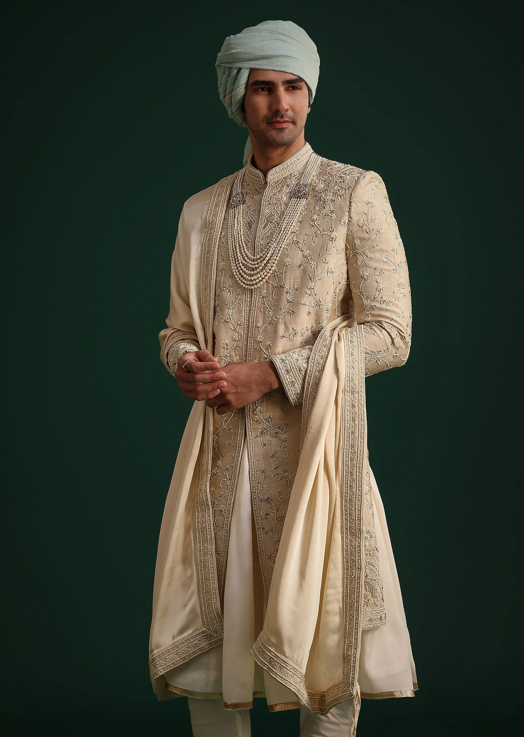 Beige Silk Sherwani Set With Zardozi Work - Image 4