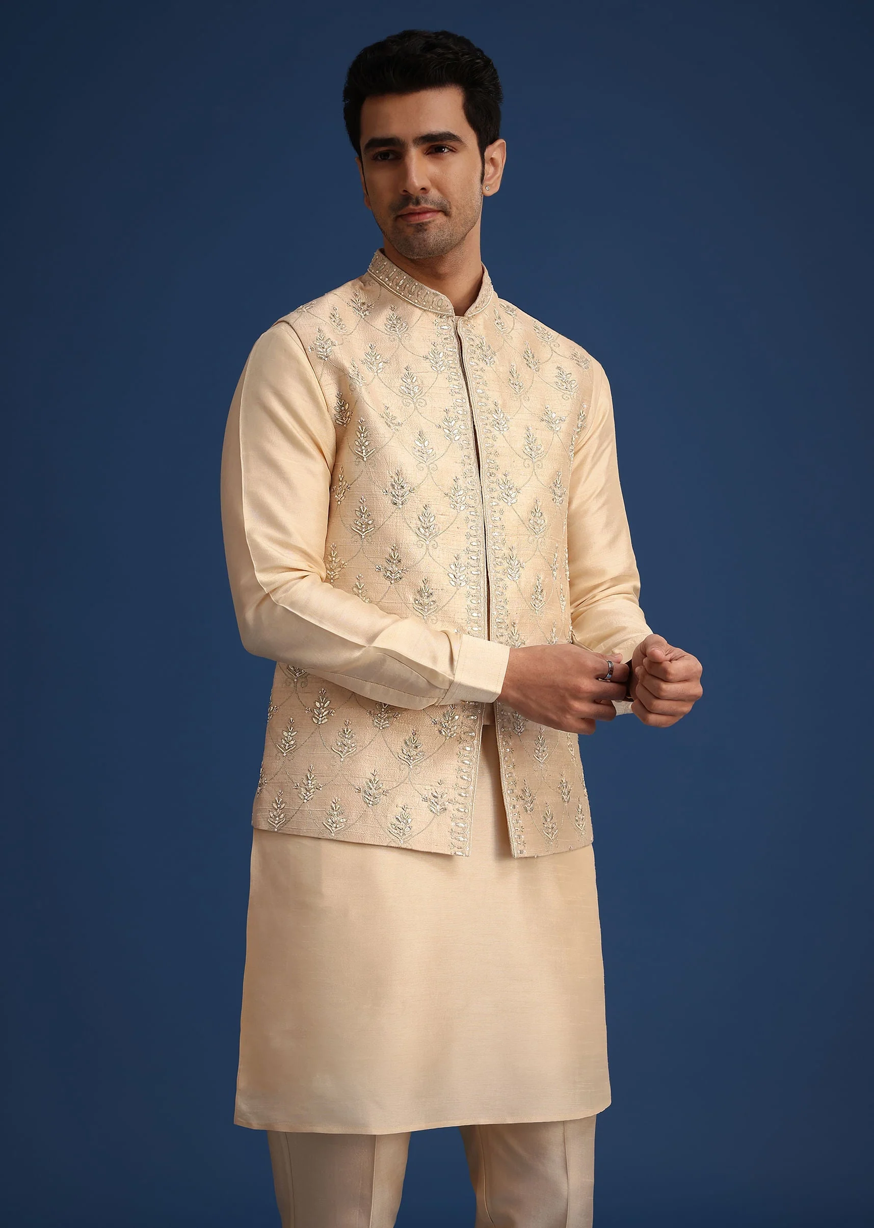 Beige Silk Zardozi Work Jacket And Kurta Set - Image 4