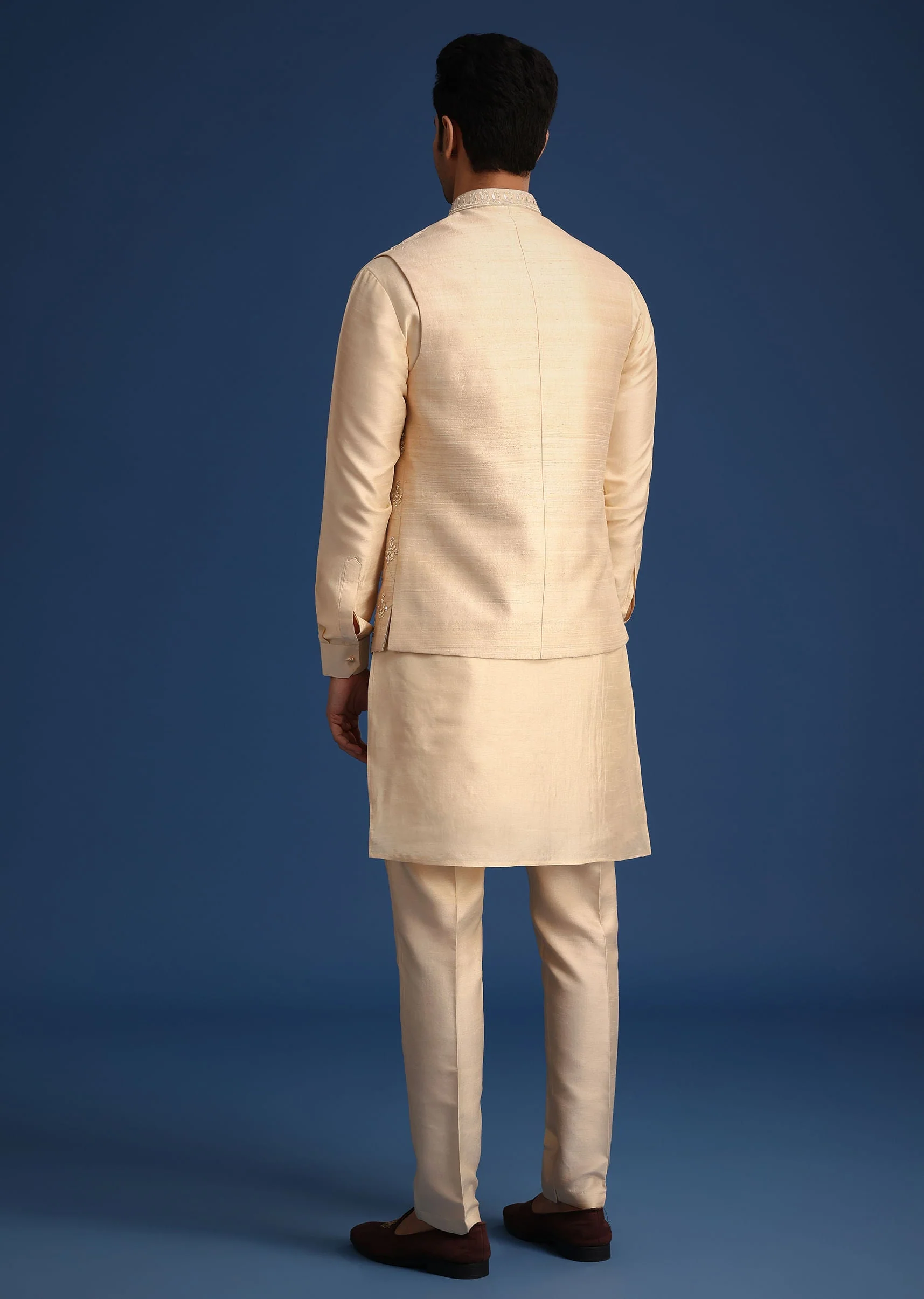 Beige Silk Zardozi Work Jacket And Kurta Set - Image 5