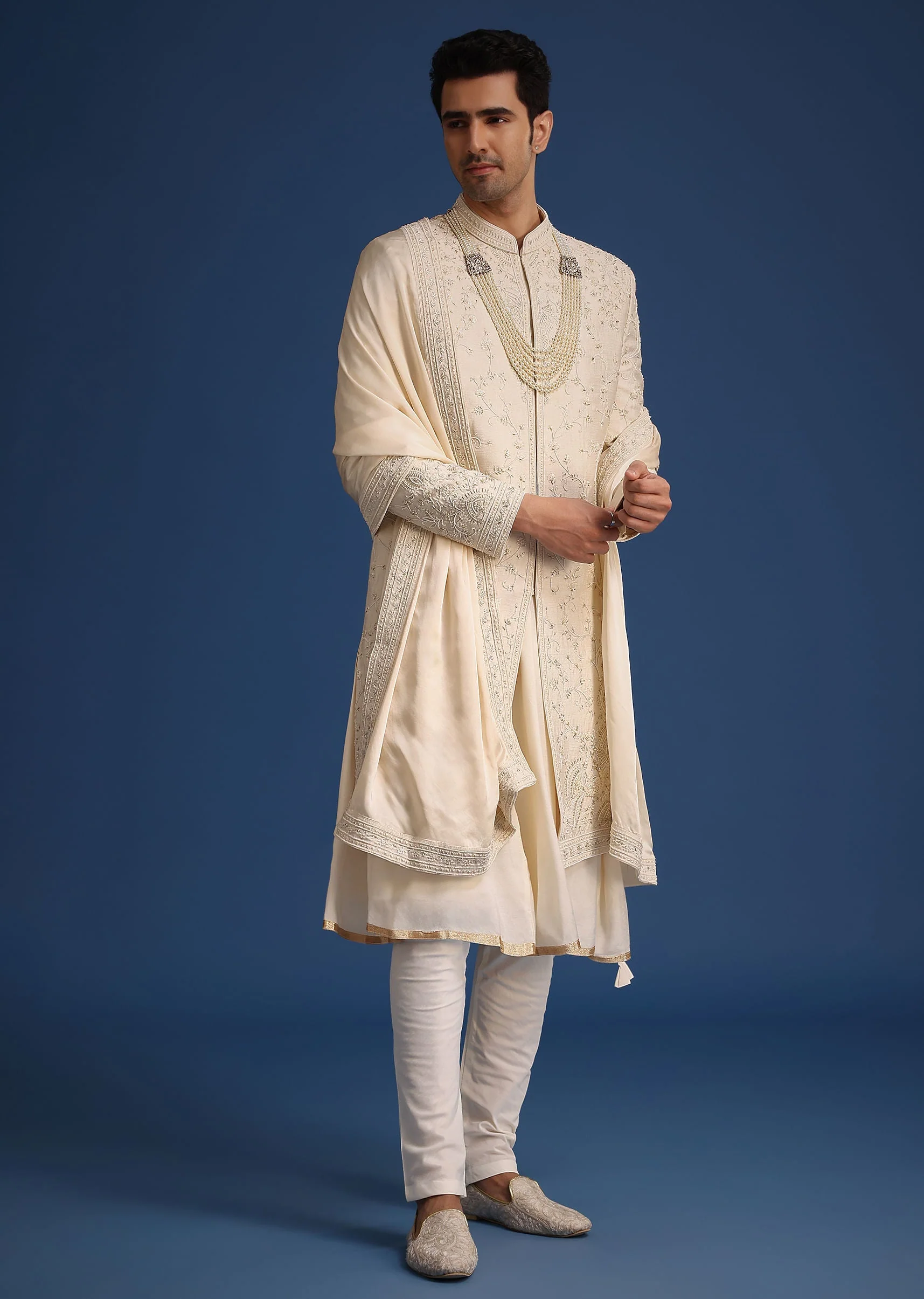 Beige Silk Zardozi Work Sherwani Set With Dupatta - Image 3