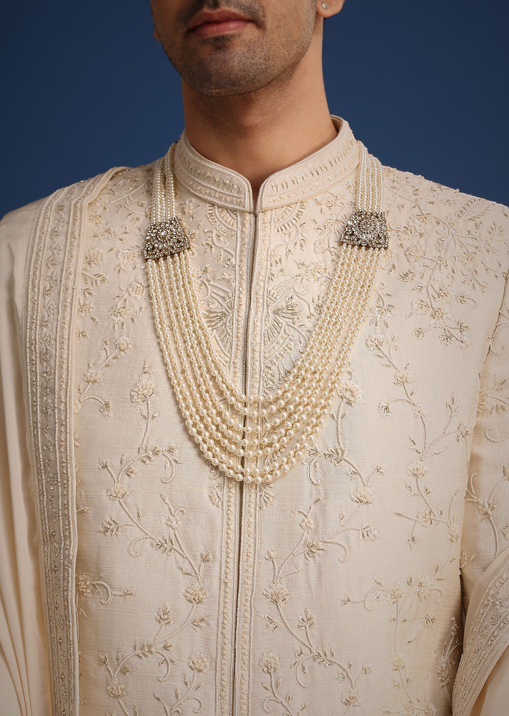 Beige Silk Zardozi Work Sherwani Set With Dupatta - Image 4