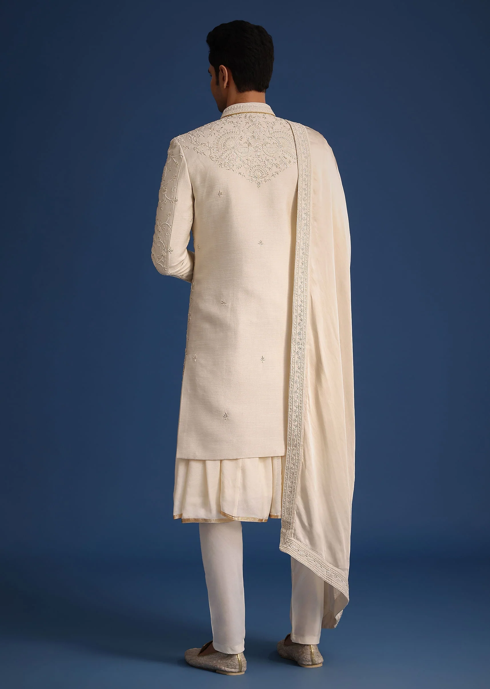 Beige Silk Zardozi Work Sherwani Set With Dupatta - Image 5