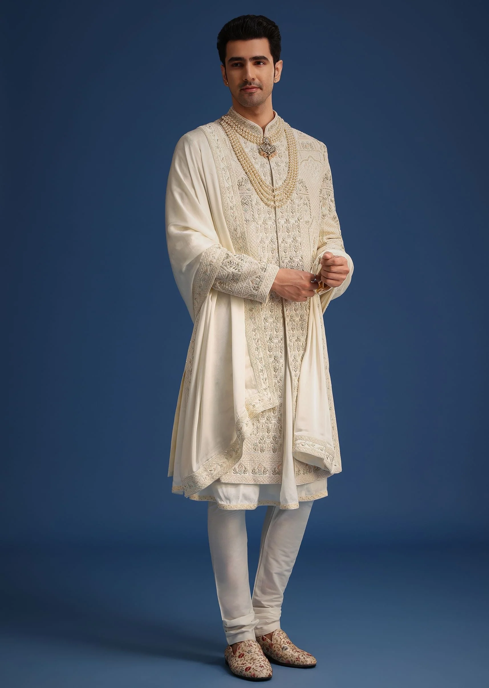 Beige Silk Zardozi Work Sherwani Set With Mala - Image 2