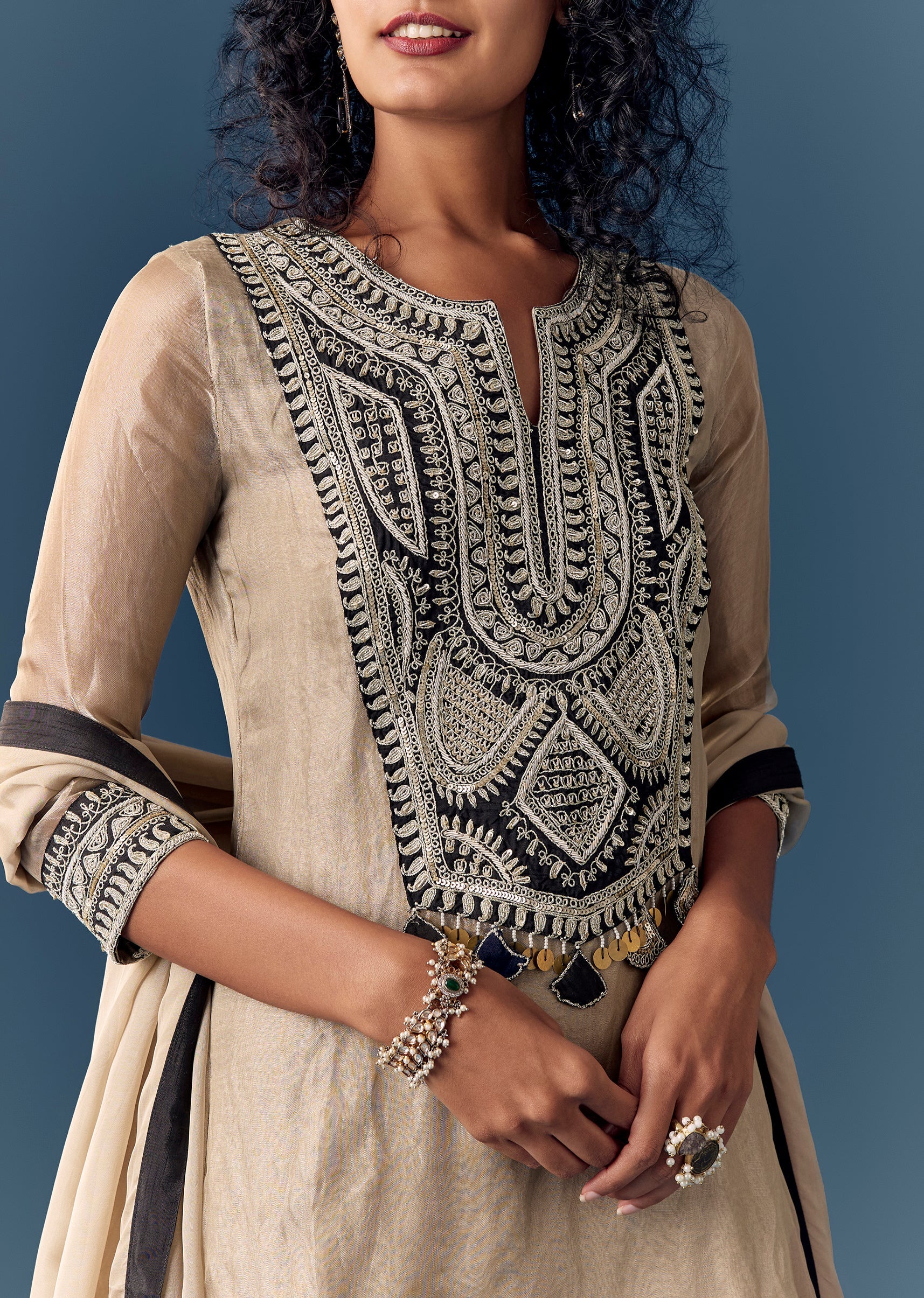 Beige Silver Zardosi Kurta Palazzo Set With Dupatta - Image 2
