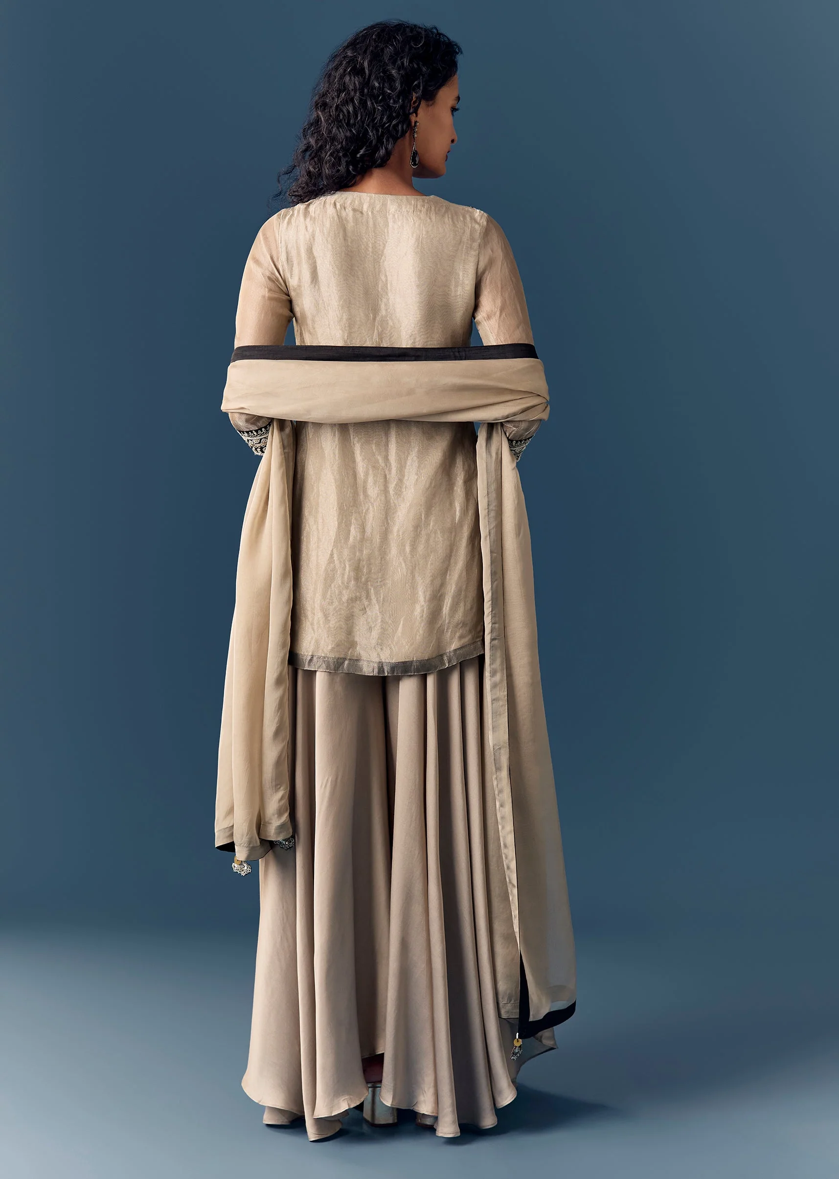 Beige Silver Zardosi Kurta Palazzo Set With Dupatta - Image 5