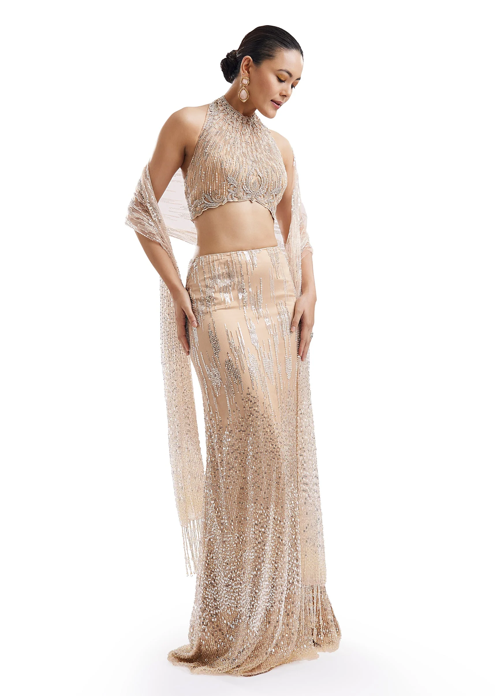 Beige Statement Halter Skirt Set With Dupatta - Image 4