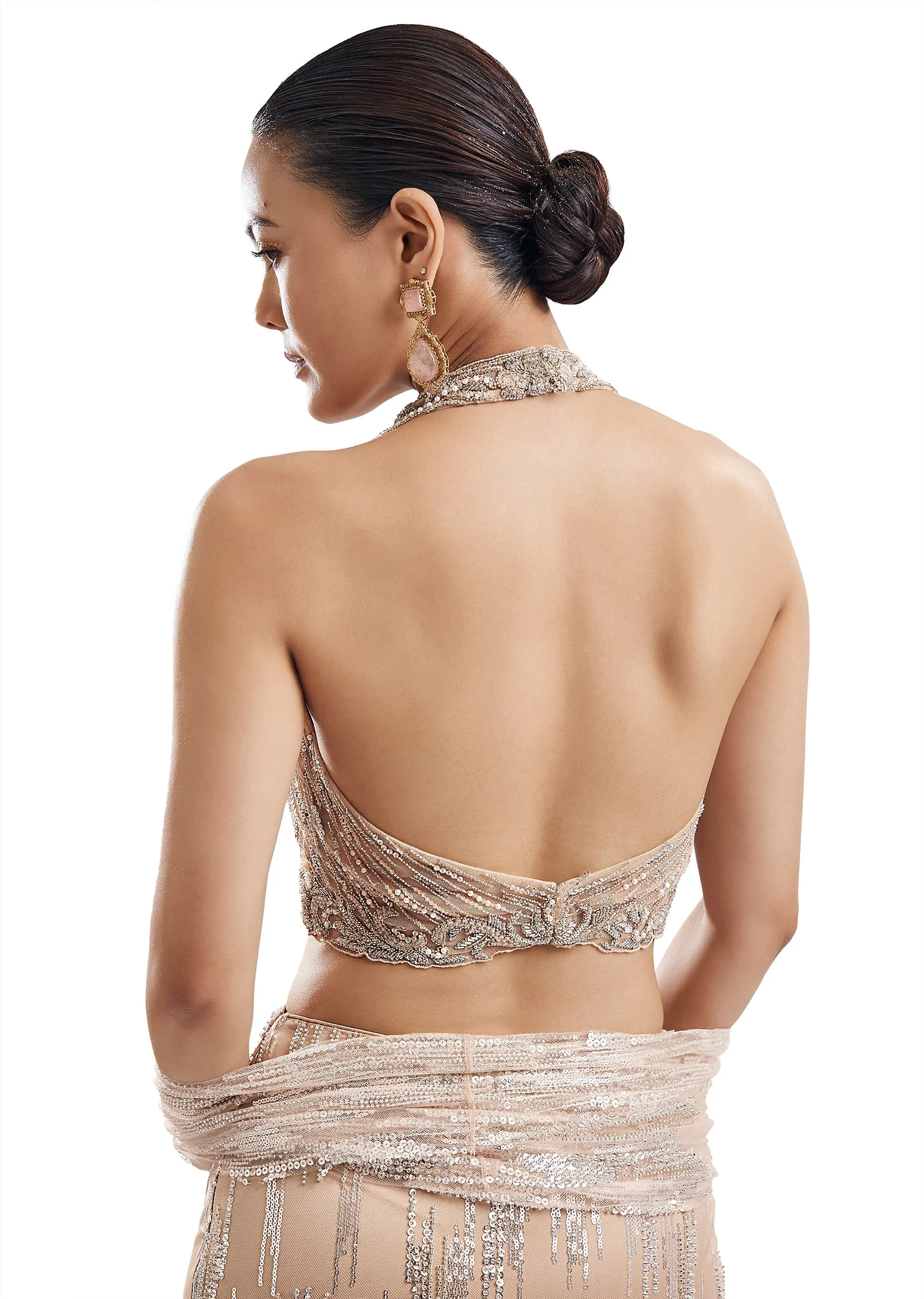 Beige Statement Halter Skirt Set With Dupatta - Image 6