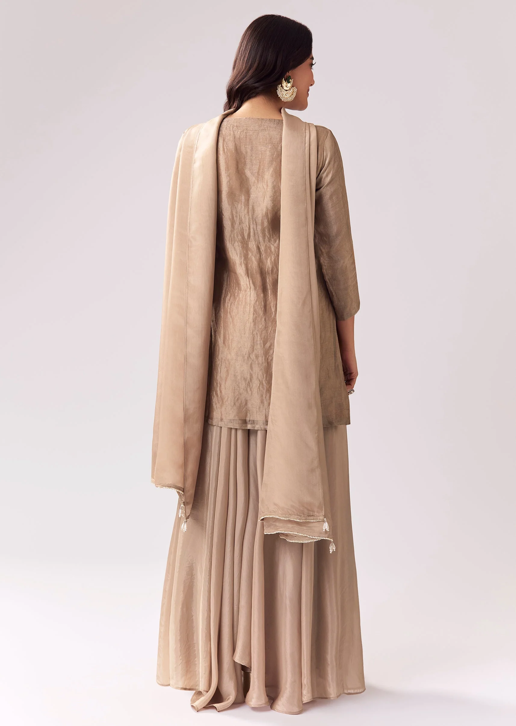Beige Statement Pairing – Zardozi Sequin Palazzo Suit For Her And Beige Sequin Kurta Pant Set For Him - Image 6