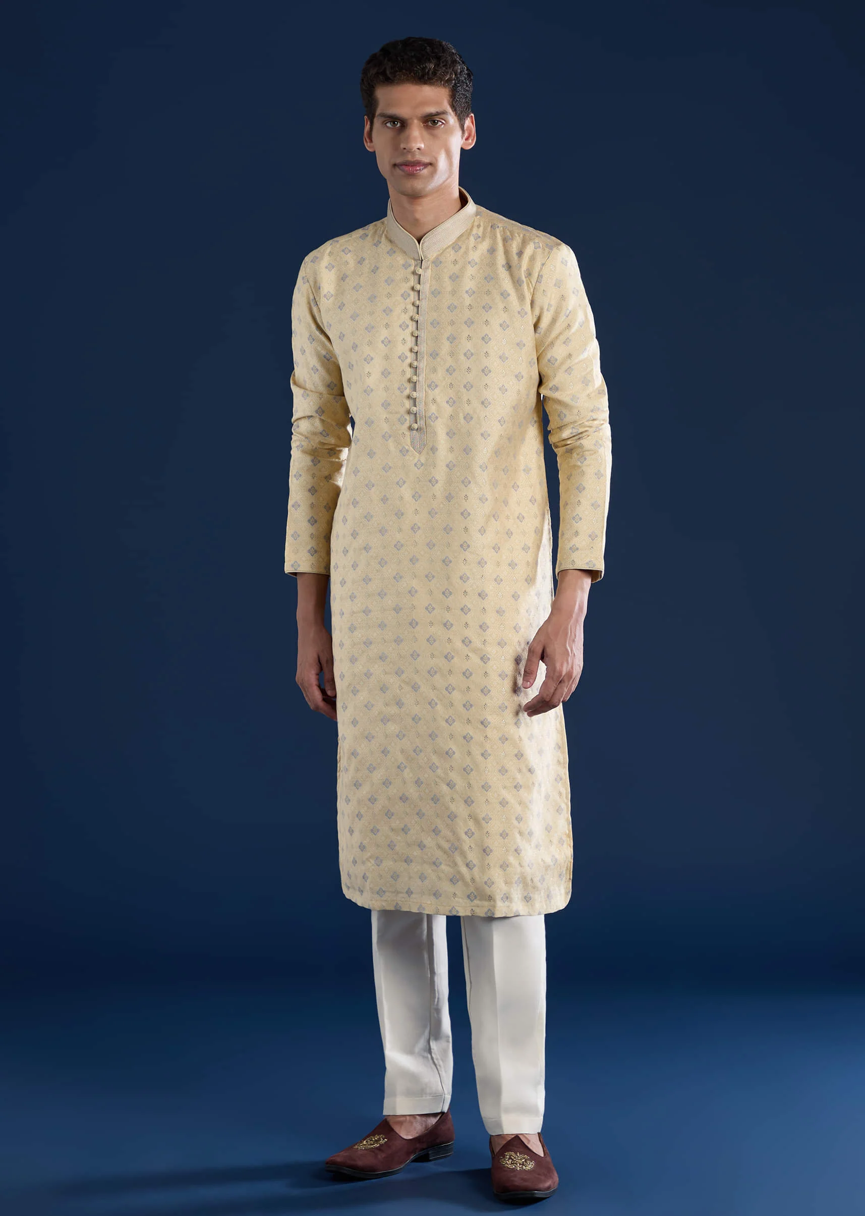 Beige Straight Kurta and Pant Set in Jacquard