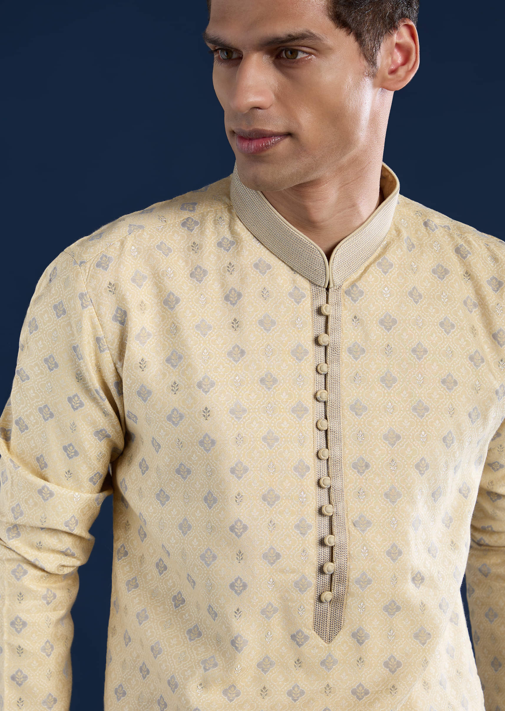Beige Straight Kurta and Pant Set in Jacquard - Image 2