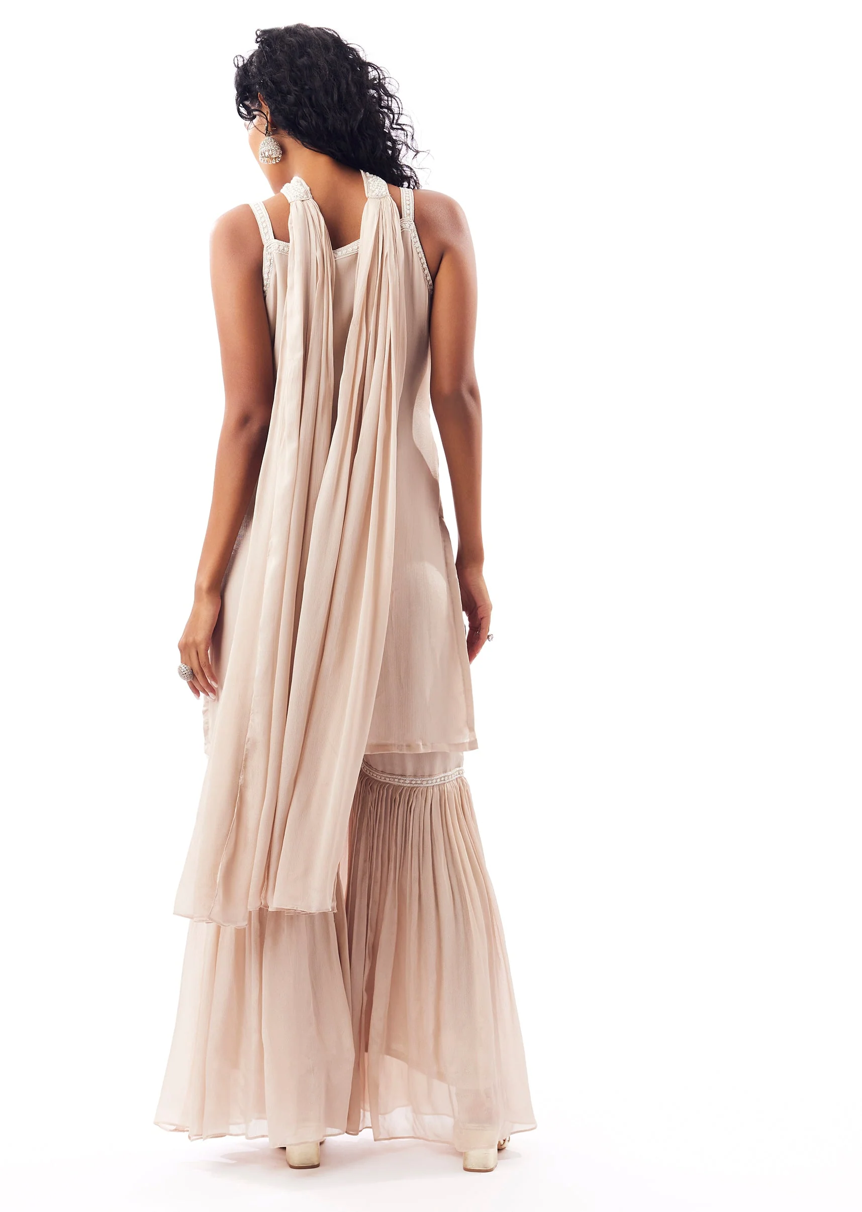 Beige Sweetheart Neck Sharara Set With Cutdana And Moti Shine. - Image 5
