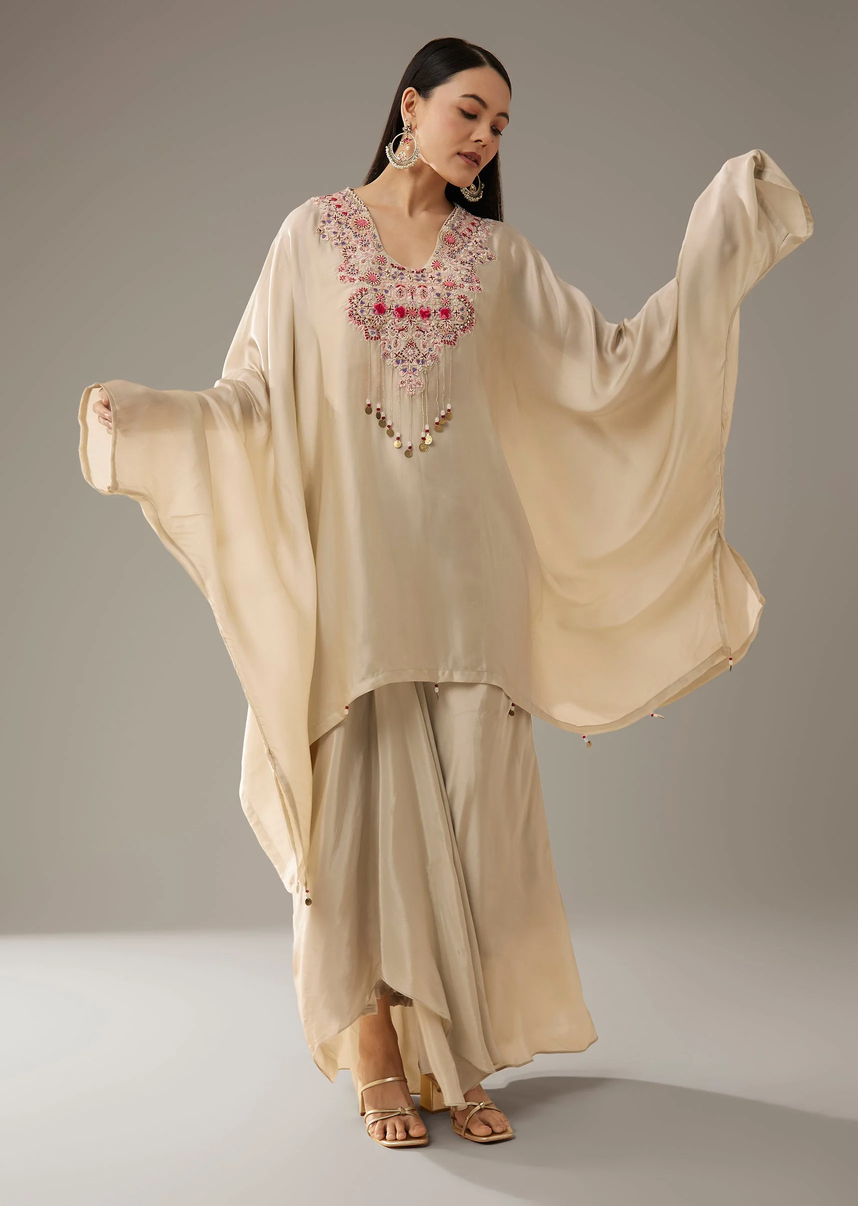 Beige Thread Embroidered Top and Dhoti Skirt Set
