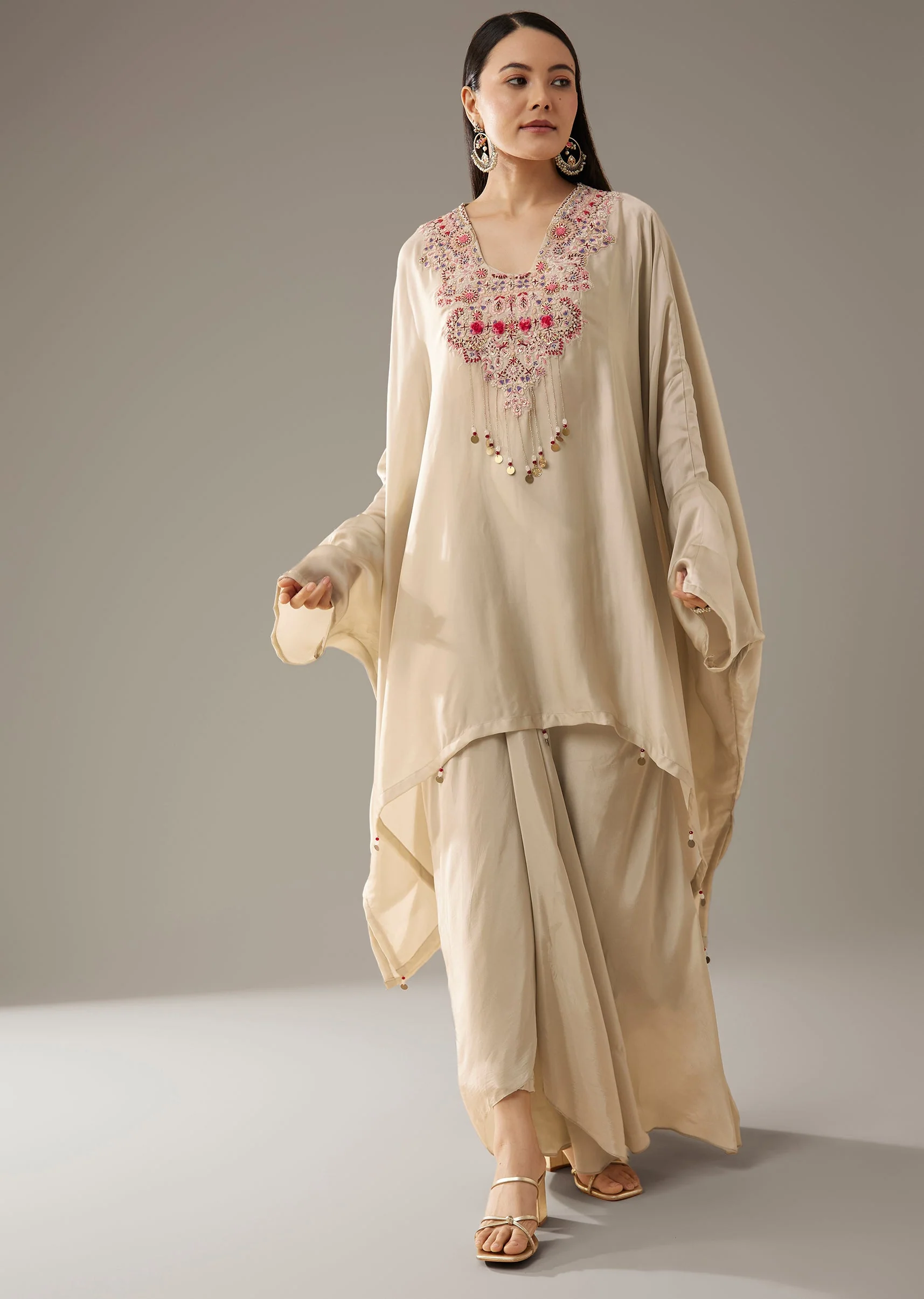 Beige Thread Embroidered Top and Dhoti Skirt Set - Image 3