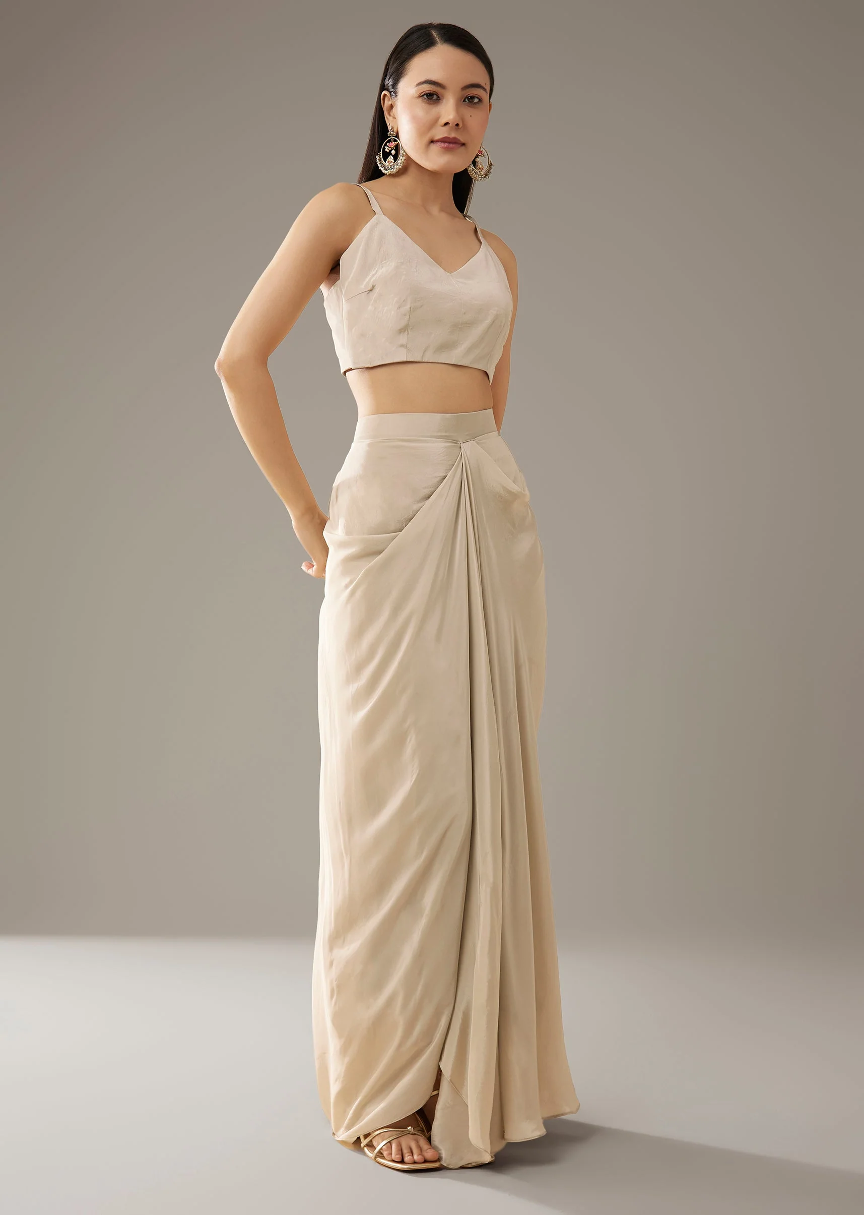 Beige Thread Embroidered Top and Dhoti Skirt Set - Image 6