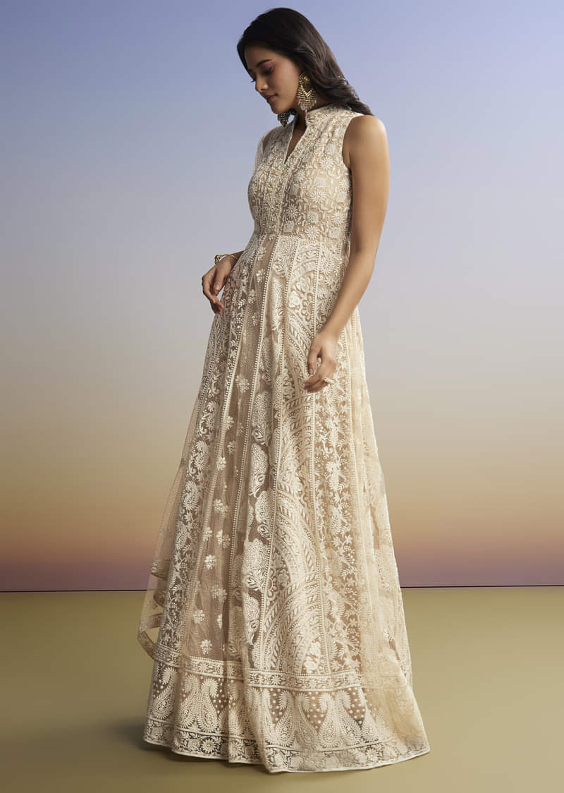 Beige Threadwork Anarkali With Dupatta - Image 3