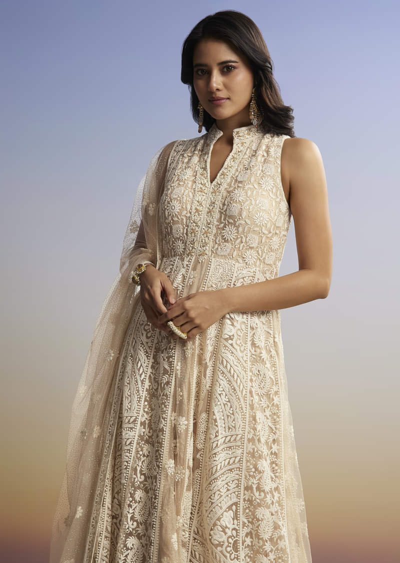 Beige Threadwork Anarkali With Dupatta - Image 4