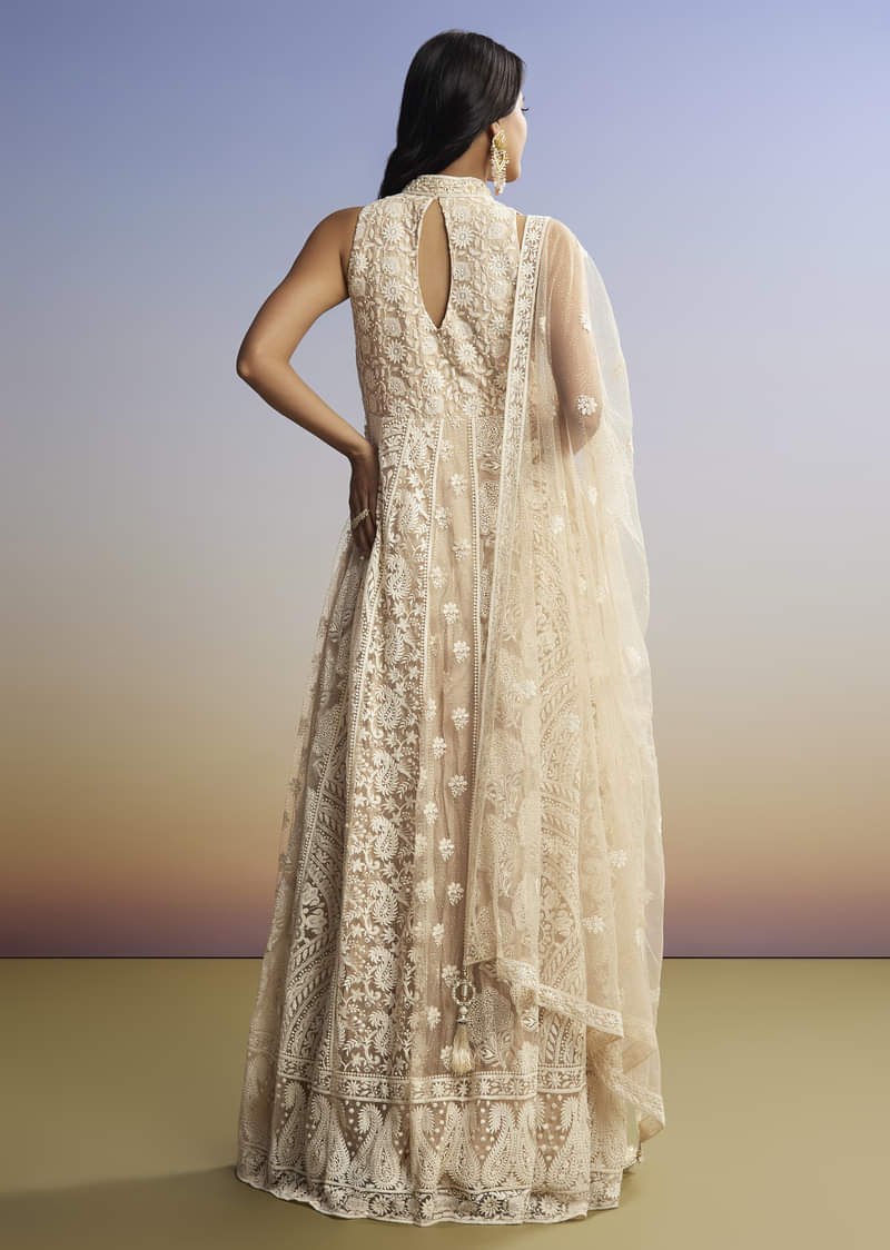 Beige Threadwork Anarkali With Dupatta - Image 5