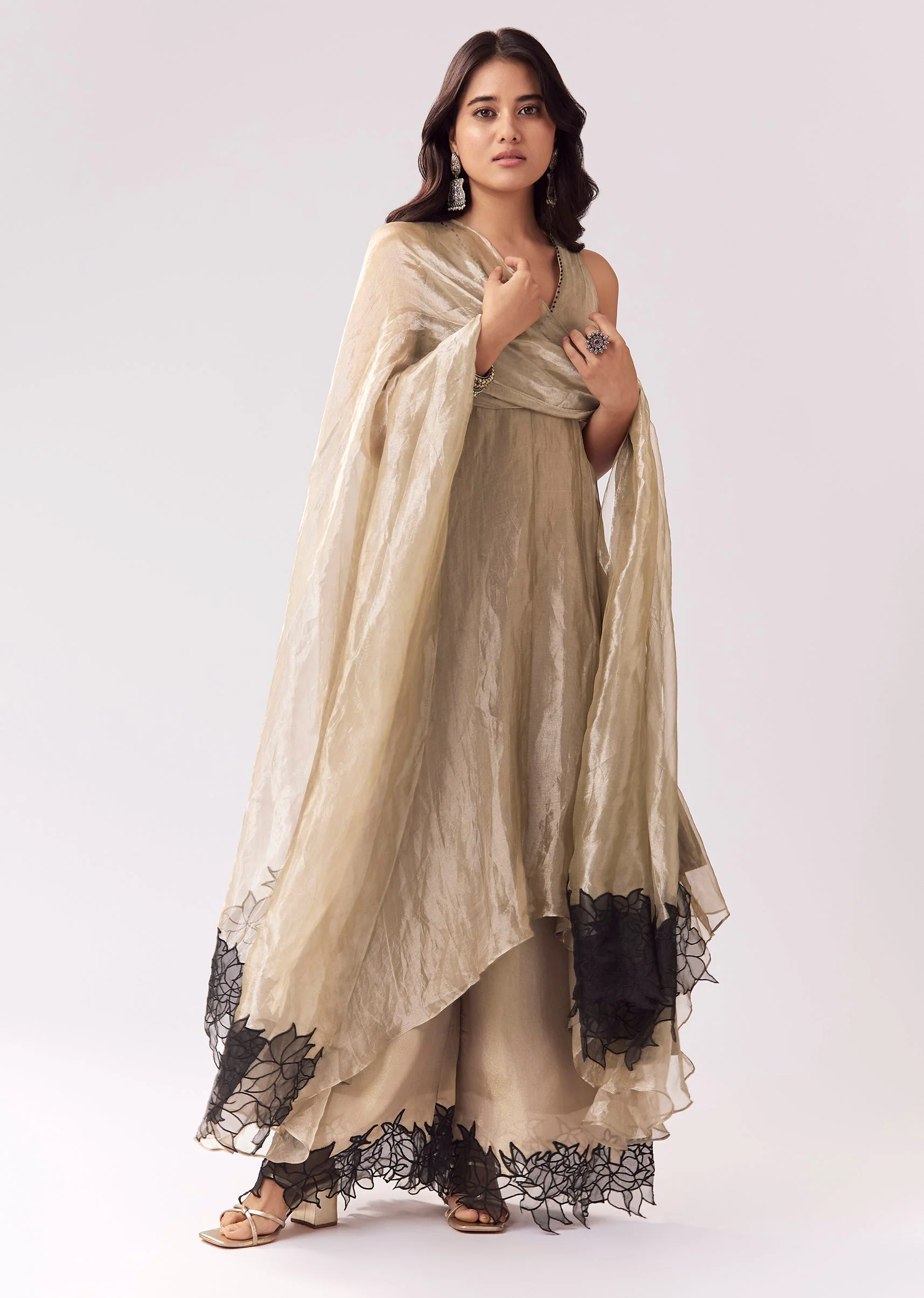 Beige Tissue Anarkali With Patchwork Detailing - Image 3