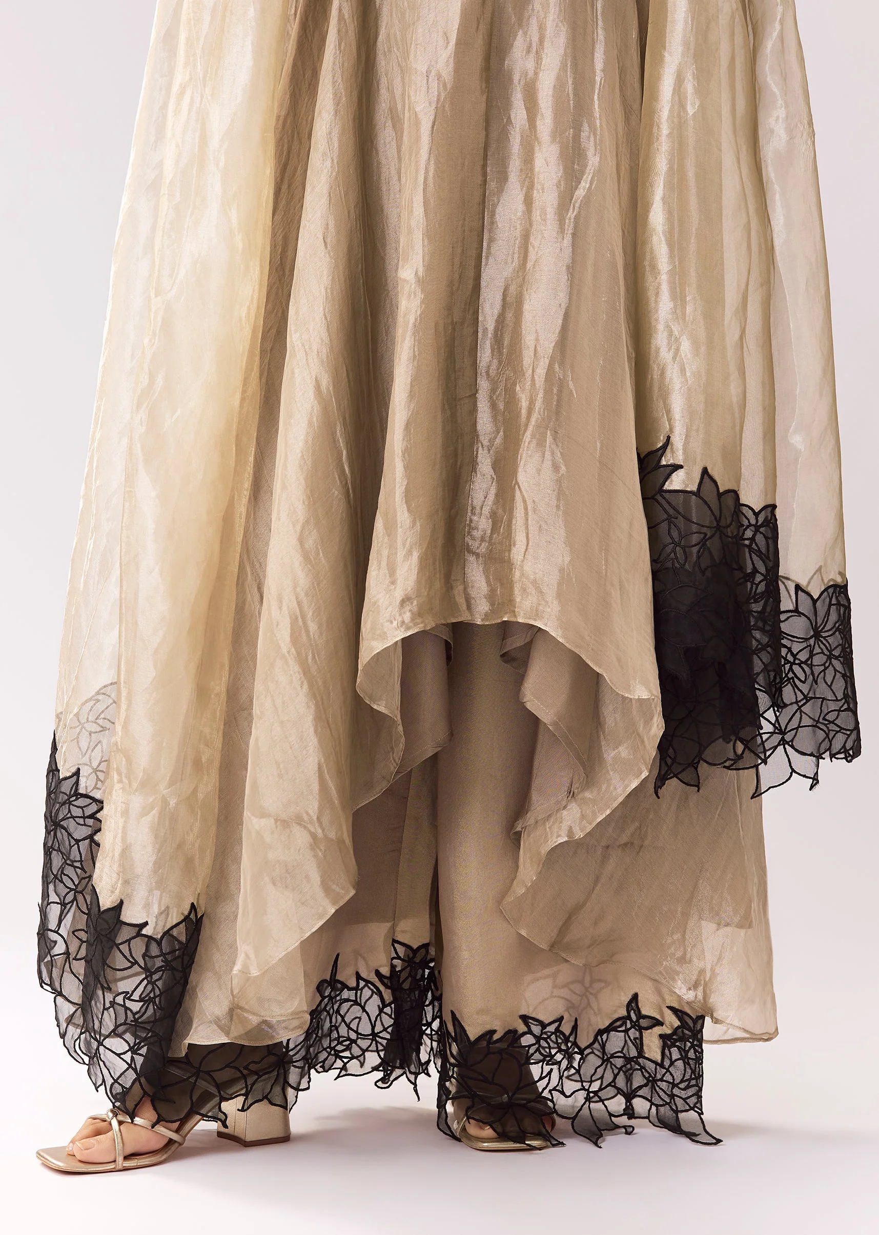 Beige Tissue Anarkali With Patchwork Detailing - Image 4