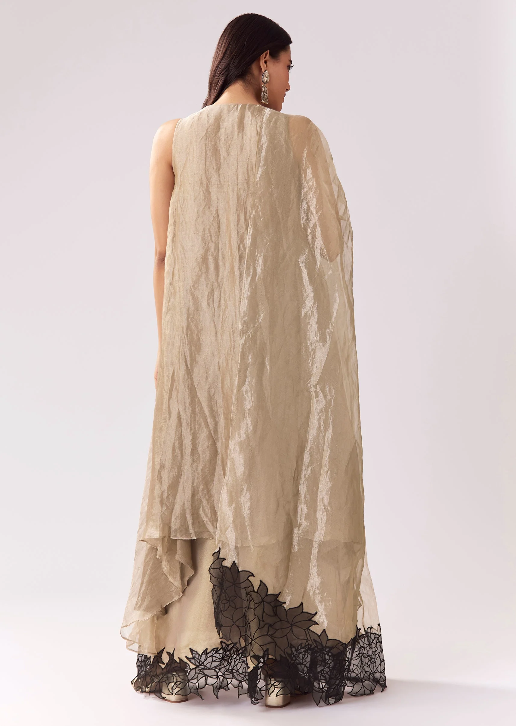 Beige Tissue Anarkali With Patchwork Detailing - Image 5