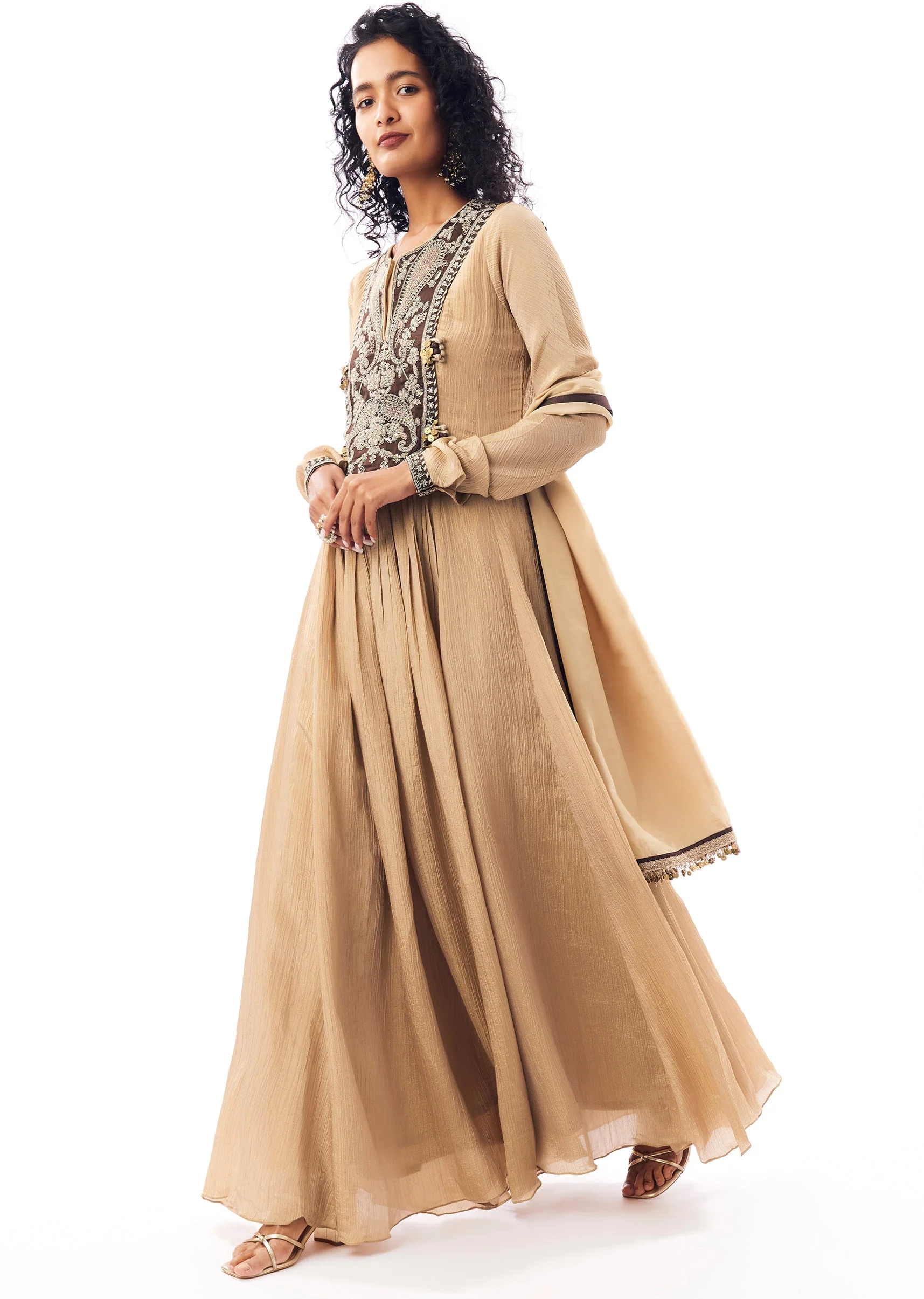 Beige Tissue Anarkali With Rich Zardosi Detailing - Image 3