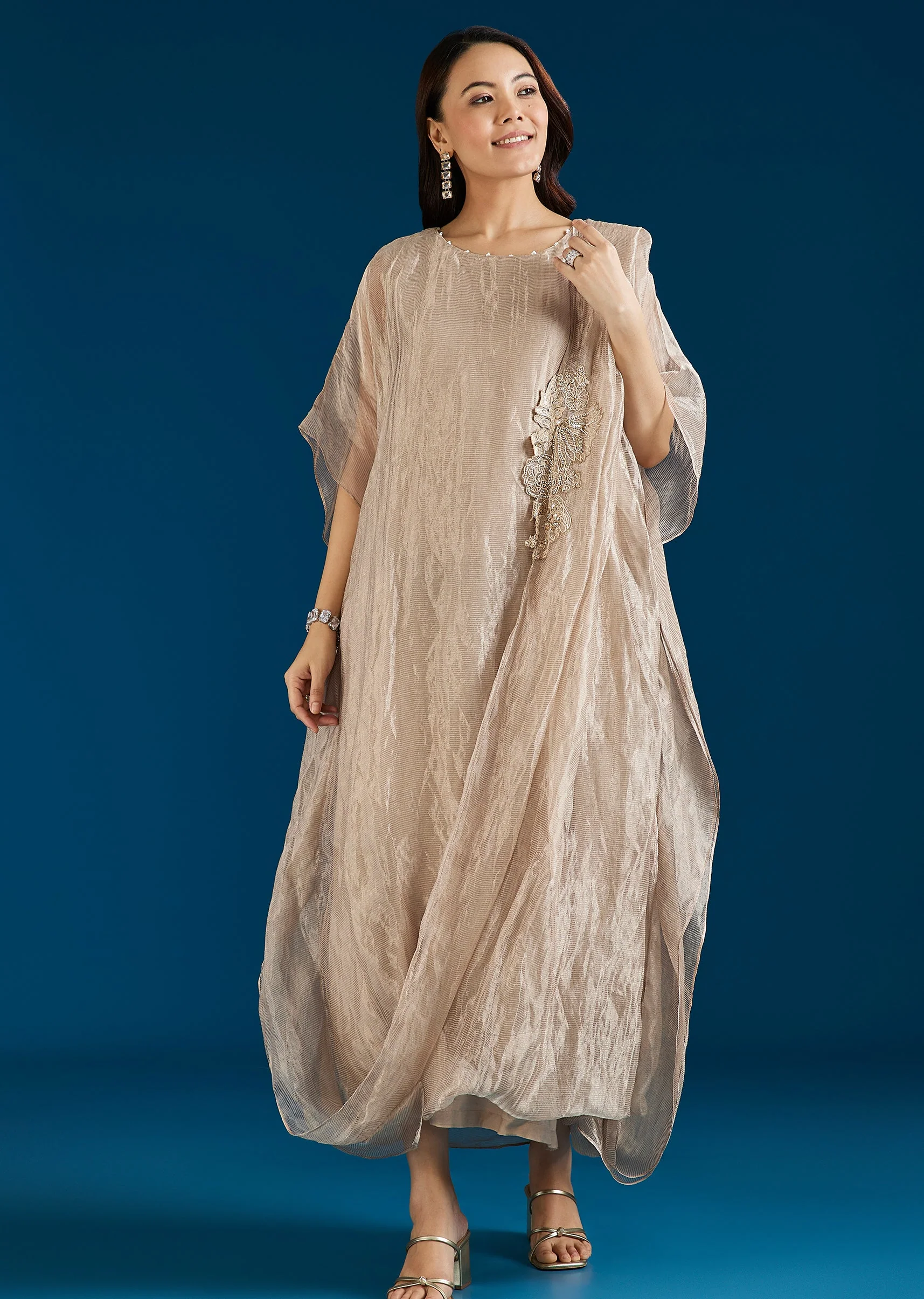 Beige Tissue Drape Indo Western Gown