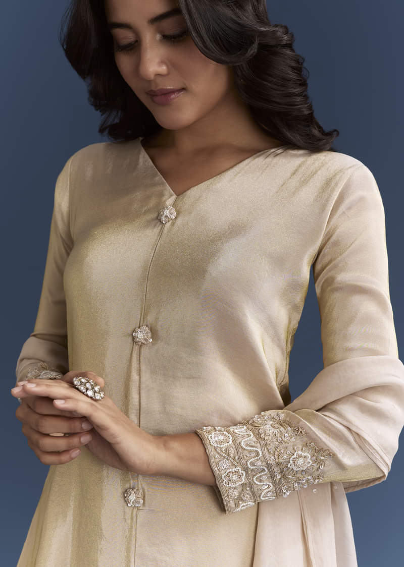 Beige Tissue Kurta Set With Organza Dupatta - Image 2