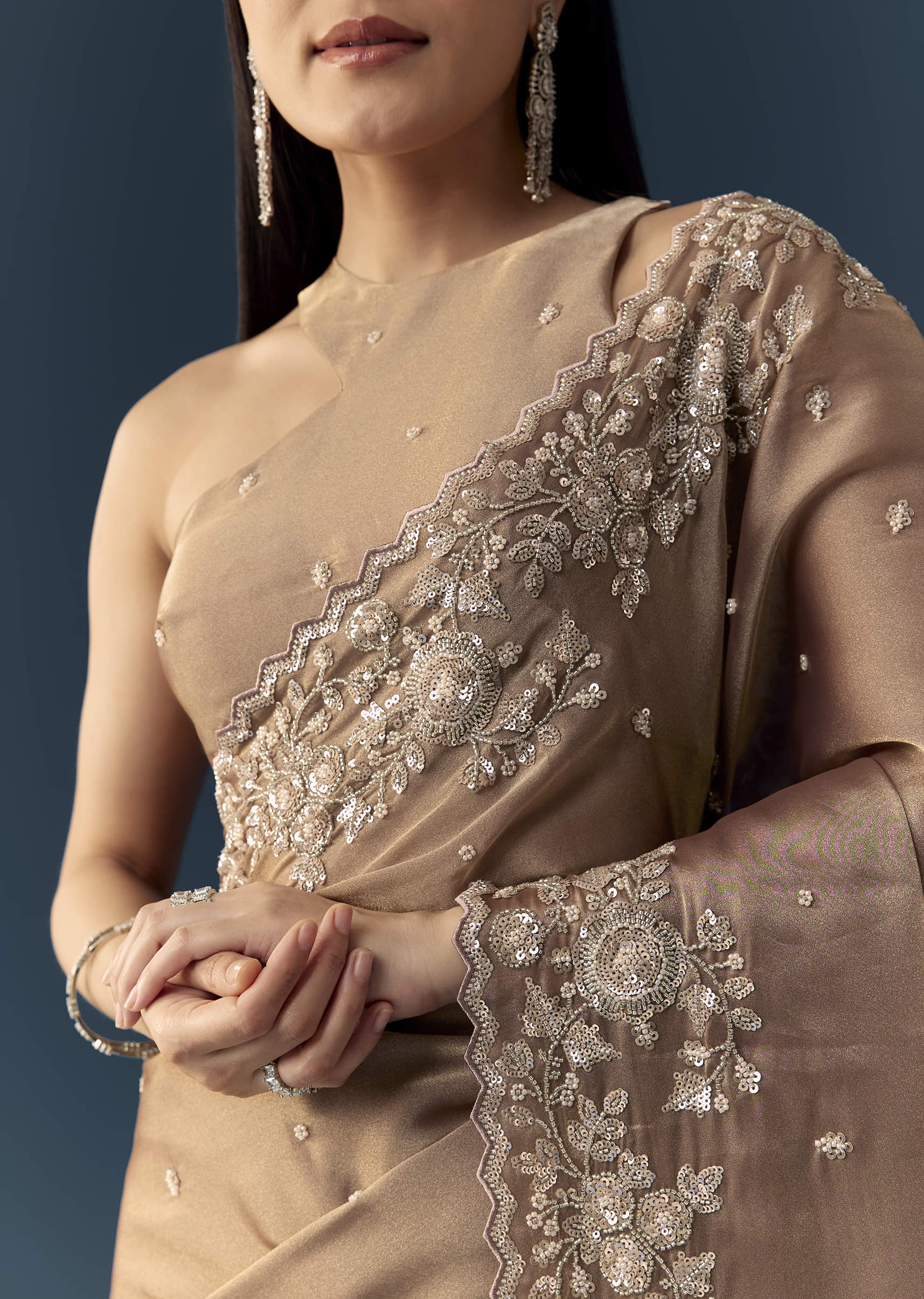 Beige Tissue Organza Cutdana Work Saree with Unstitched Blouse - Image 2