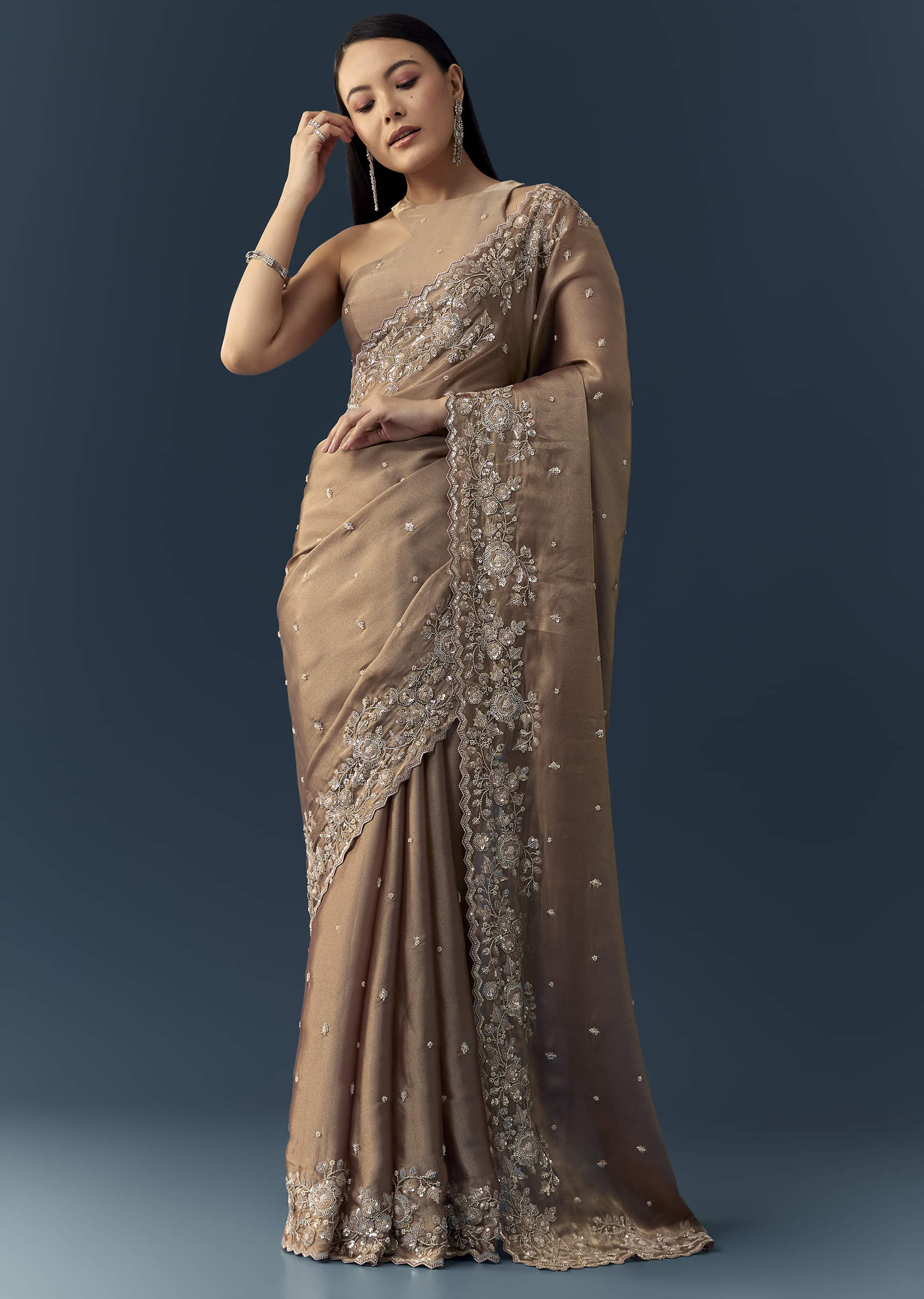 Beige Tissue Organza Cutdana Work Saree with Unstitched Blouse - Image 3