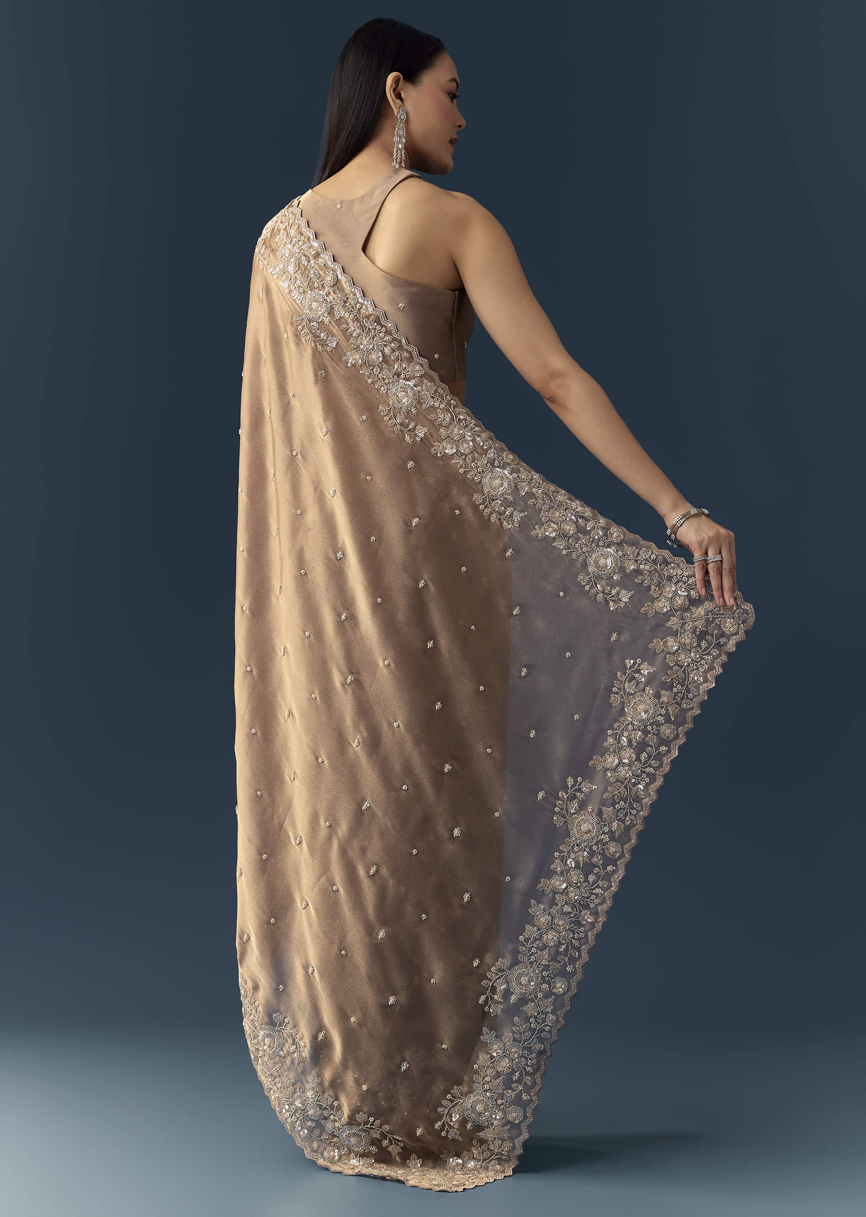 Beige Tissue Organza Cutdana Work Saree with Unstitched Blouse - Image 4