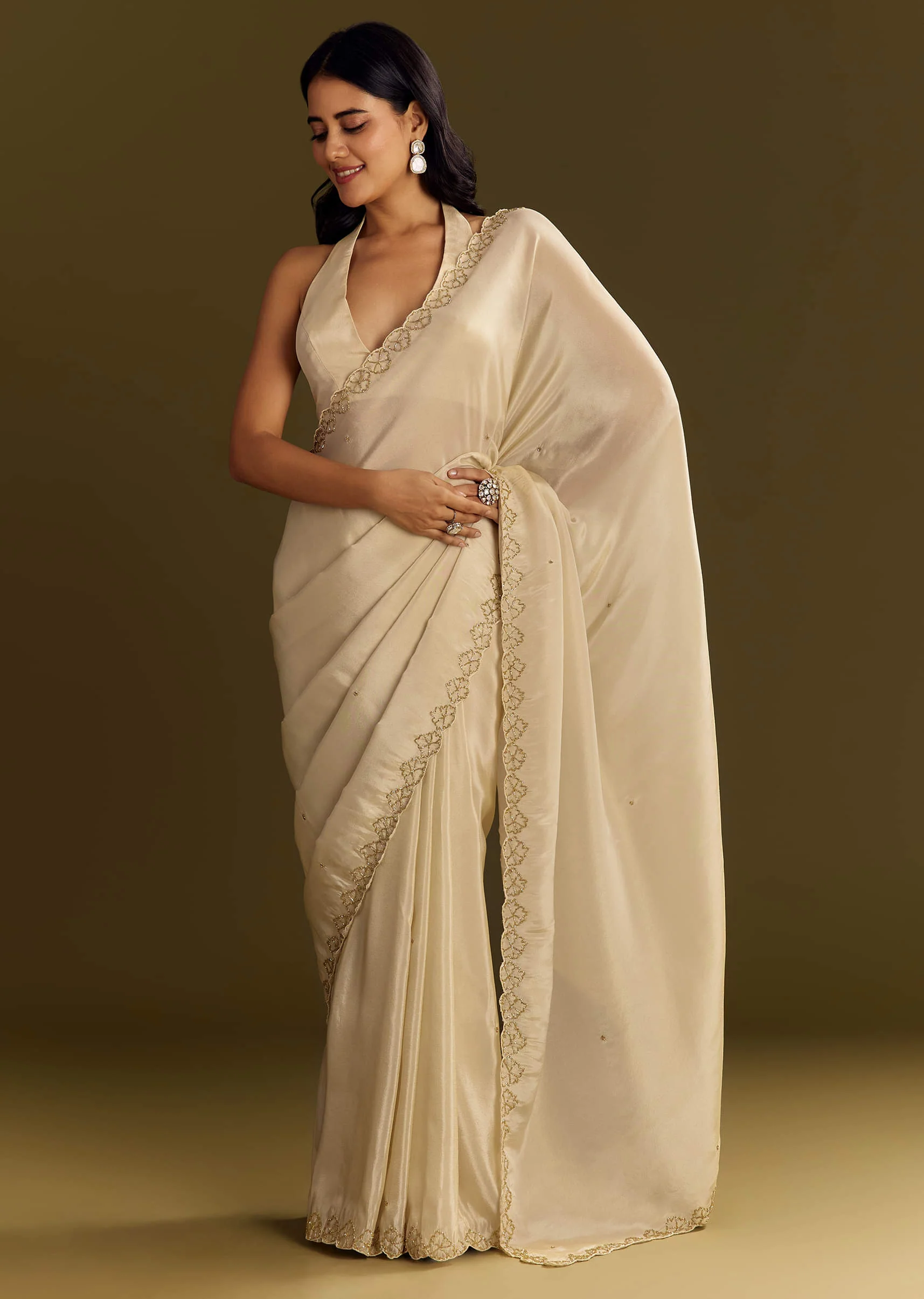 Beige Tissue Saree With Cutdana And Beads Scallop Border - Image 10