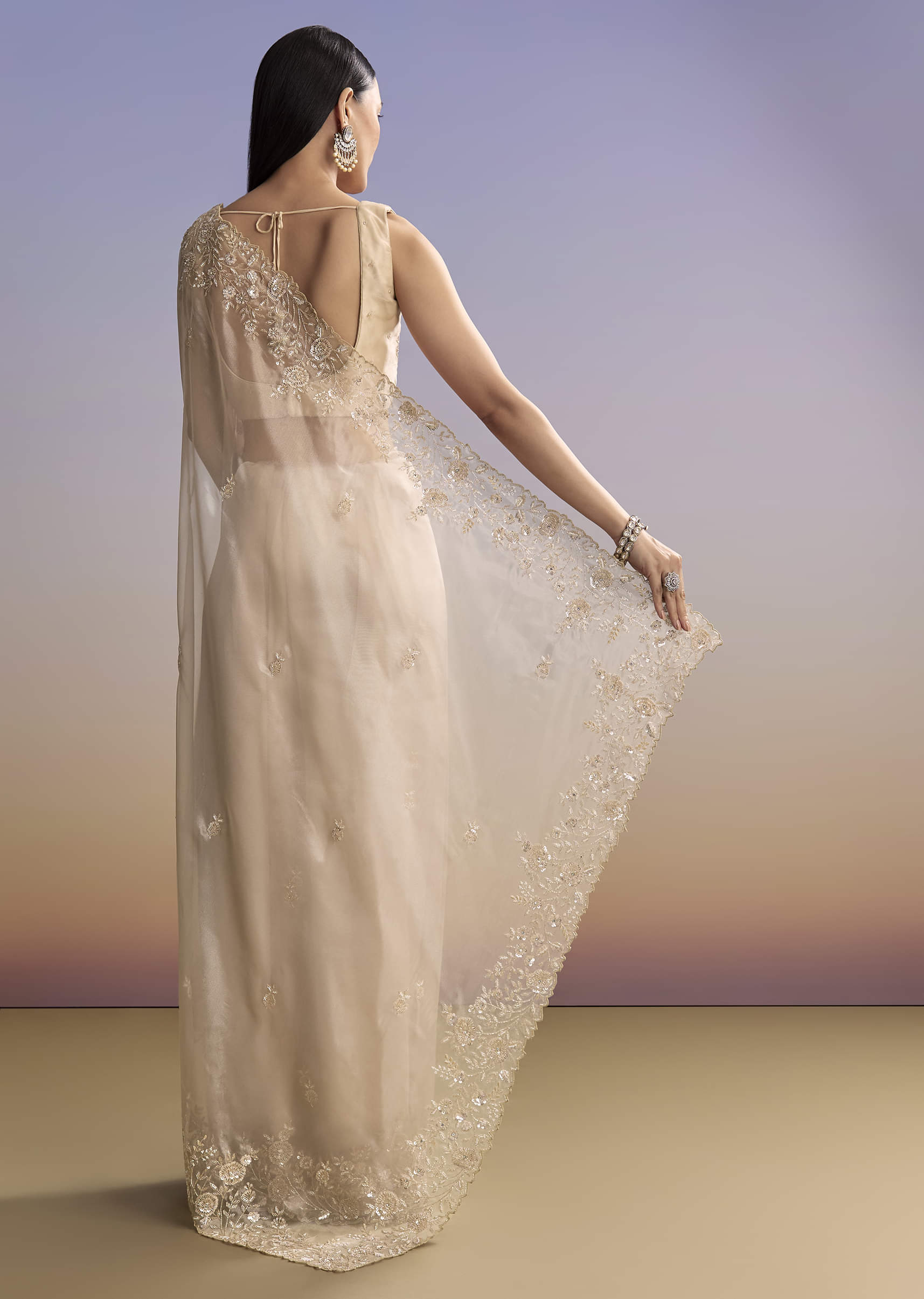 Beige Tissue Saree With Floral Embroidery And Beadwork - Image 2