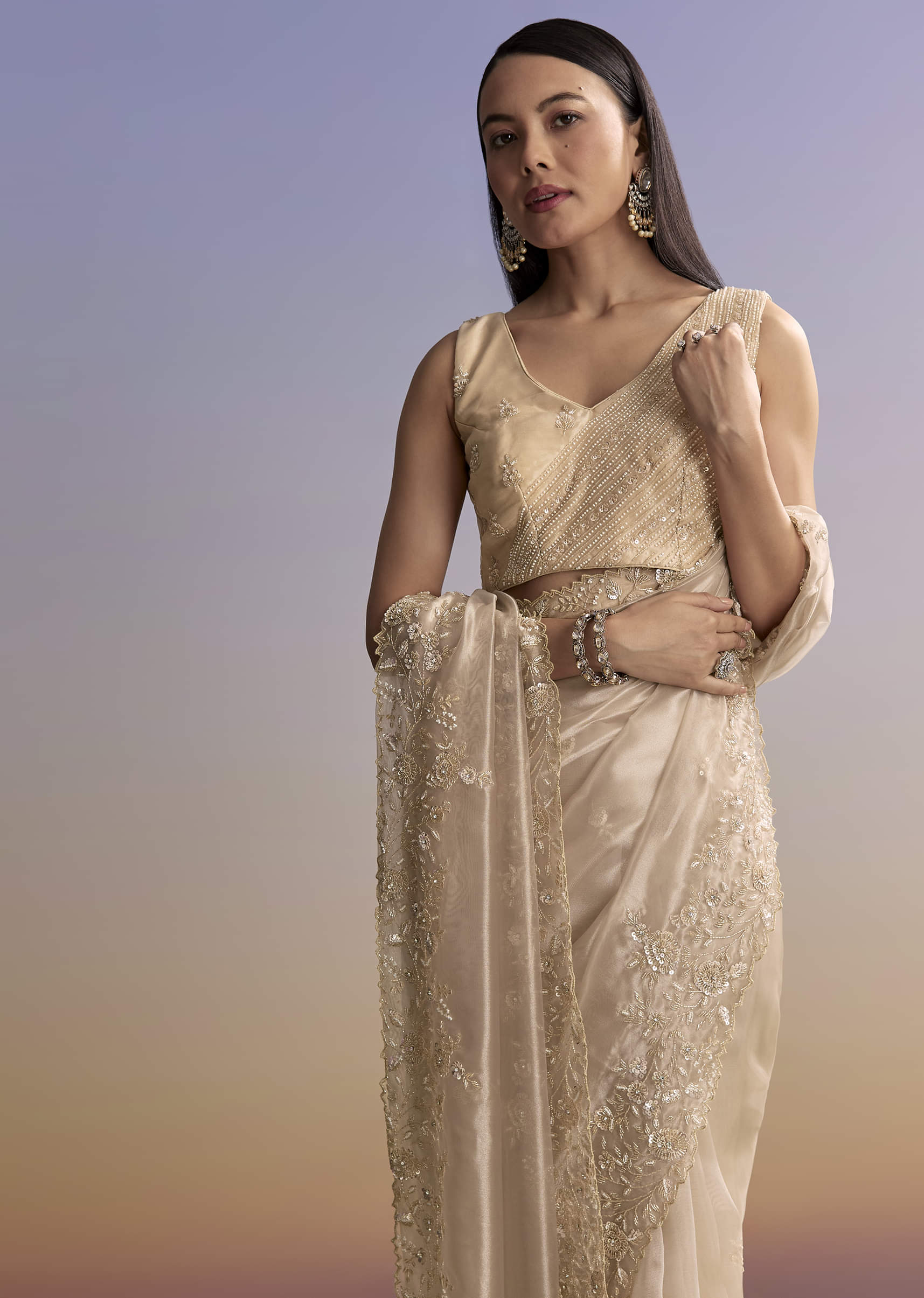 Beige Tissue Saree With Floral Embroidery And Beadwork - Image 4
