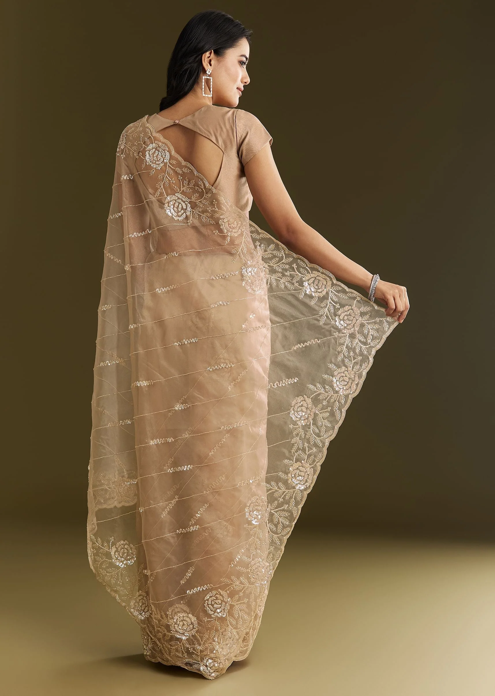 Beige Tissue Saree With Floral Embroidery And Scallop Border - Image 4