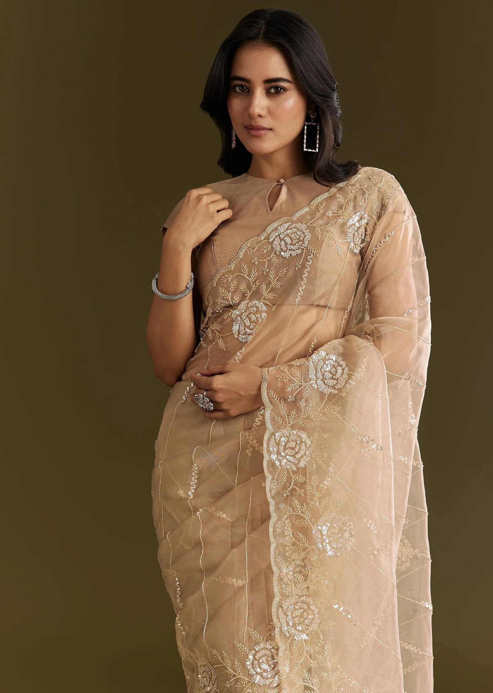 Beige Tissue Saree With Floral Embroidery And Scallop Border - Image 5