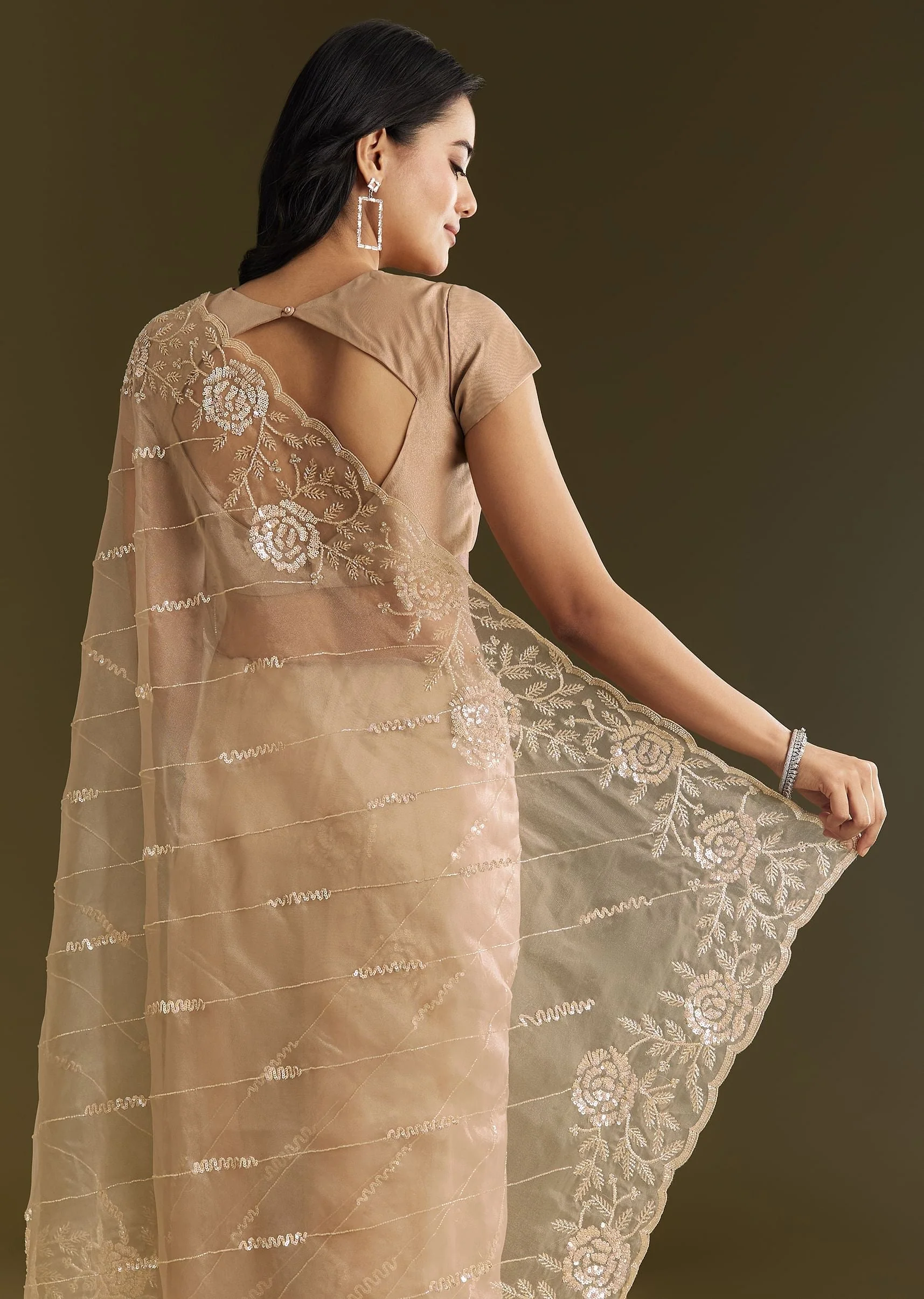 Beige Tissue Saree With Floral Embroidery And Scallop Border - Image 6