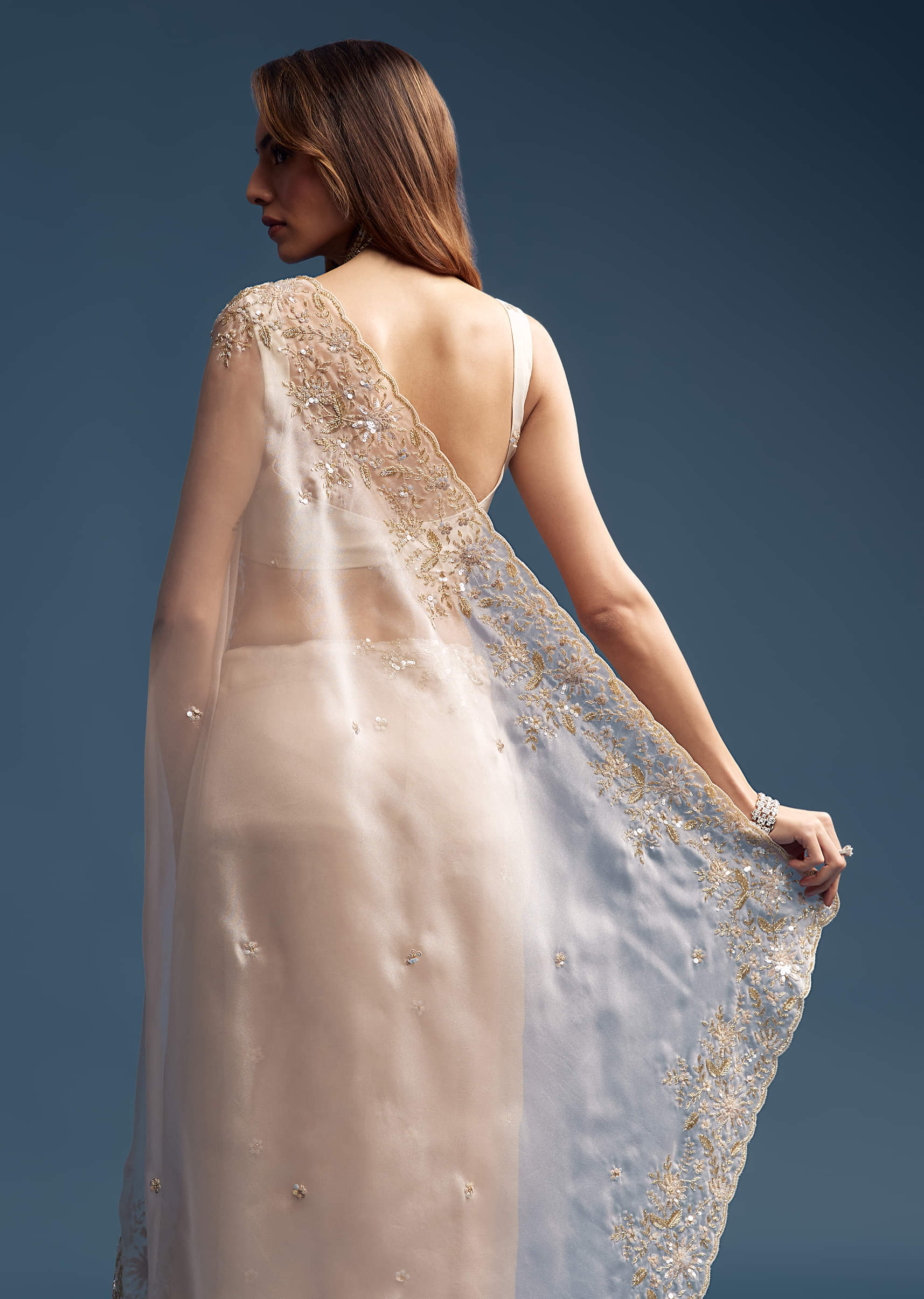 Beige Tissue Saree With Golden Floral Embroidery - Image 3