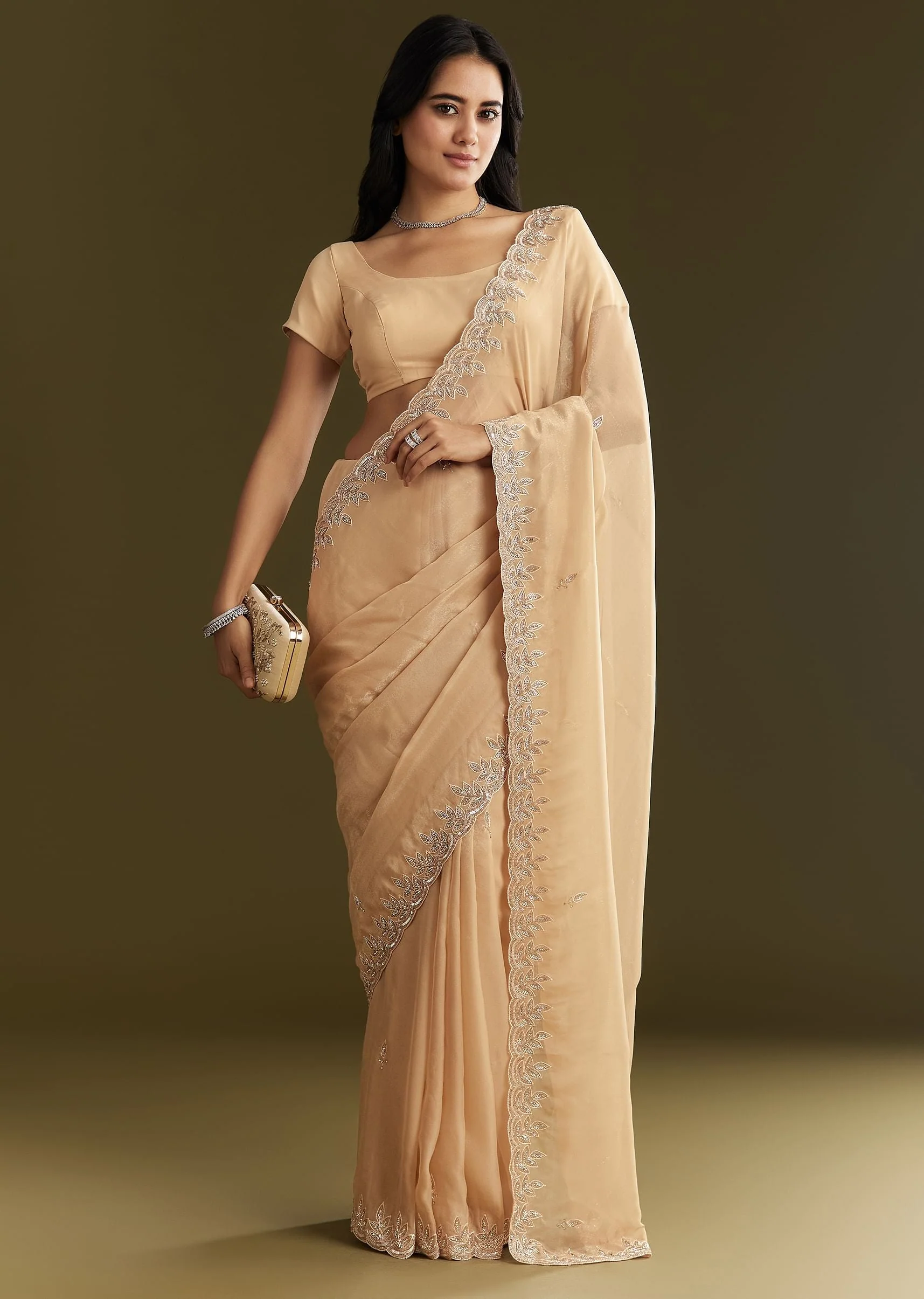 Beige Tissue Saree With Leaf Motif Embroidery In Sequins And Cutdana - Image 3