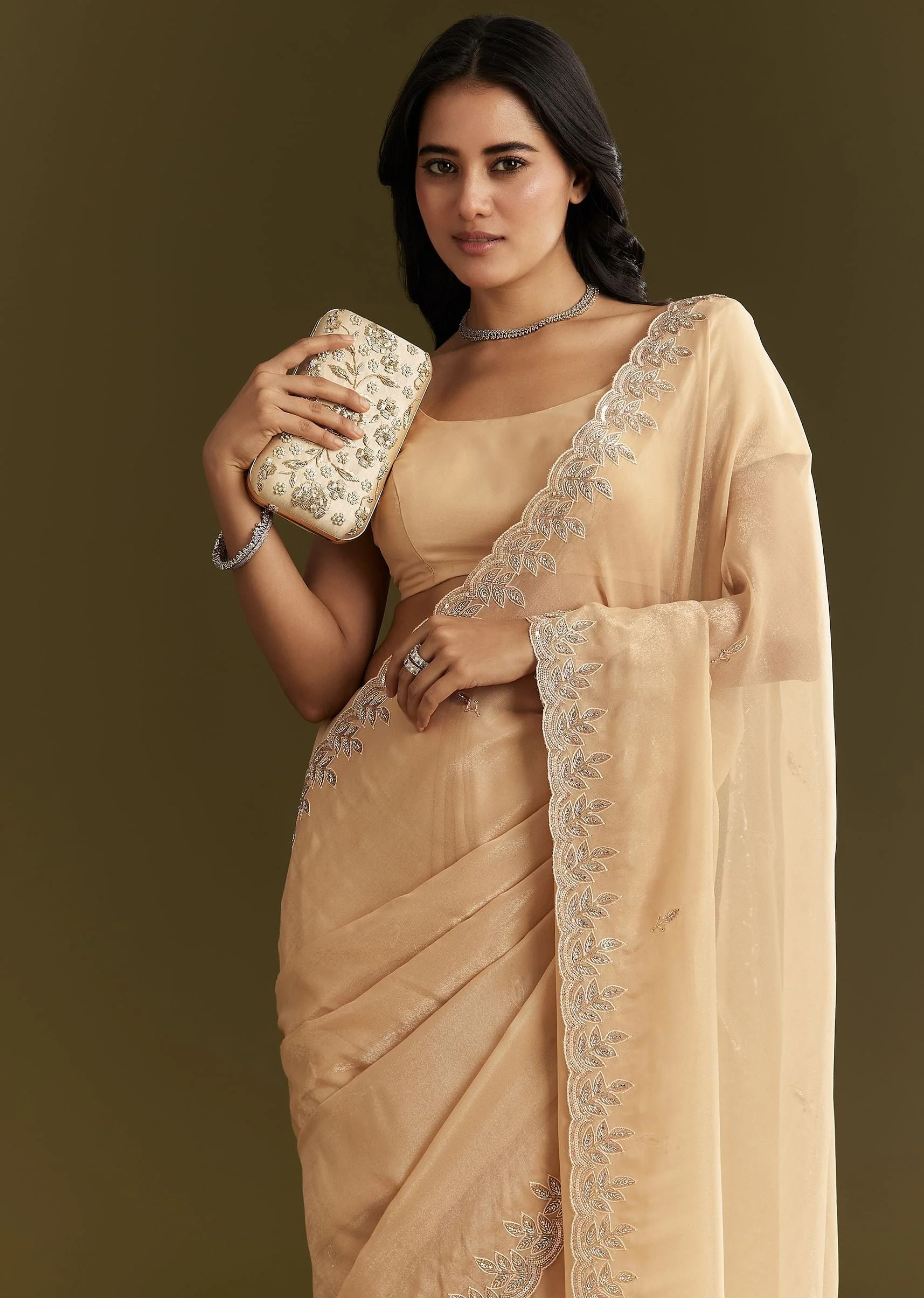 Beige Tissue Saree With Leaf Motif Embroidery In Sequins And Cutdana - Image 5