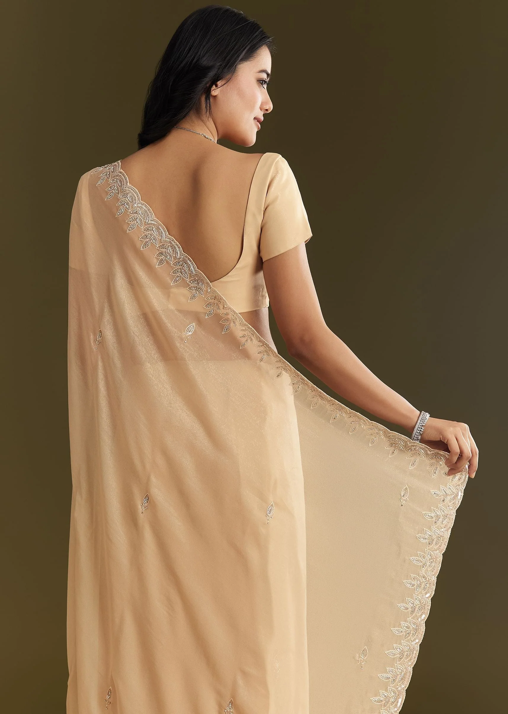 Beige Tissue Saree With Leaf Motif Embroidery In Sequins And Cutdana - Image 6