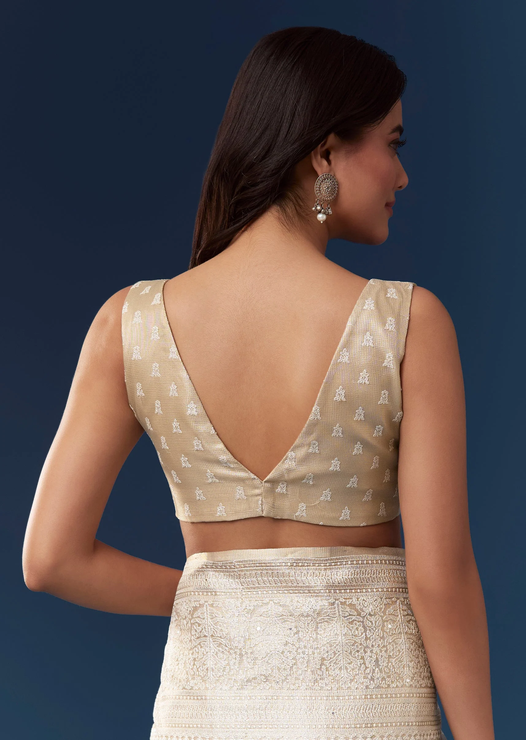 Beige Tissue Saree With Resham Thread Border And Mirror Work - Image 8