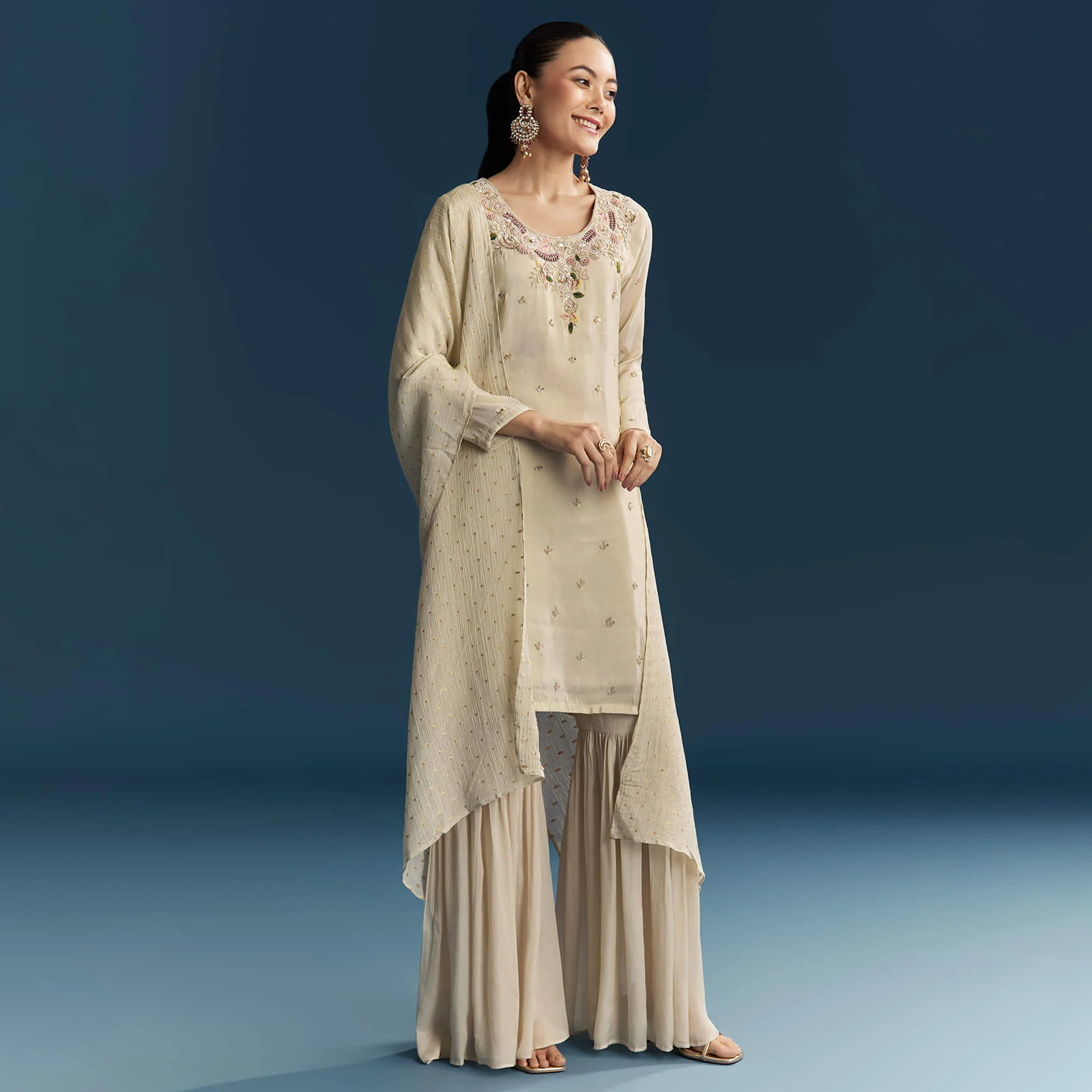 Beige Tissue Sharara Suit With Zardosi And Resham Embroidery - Image 3