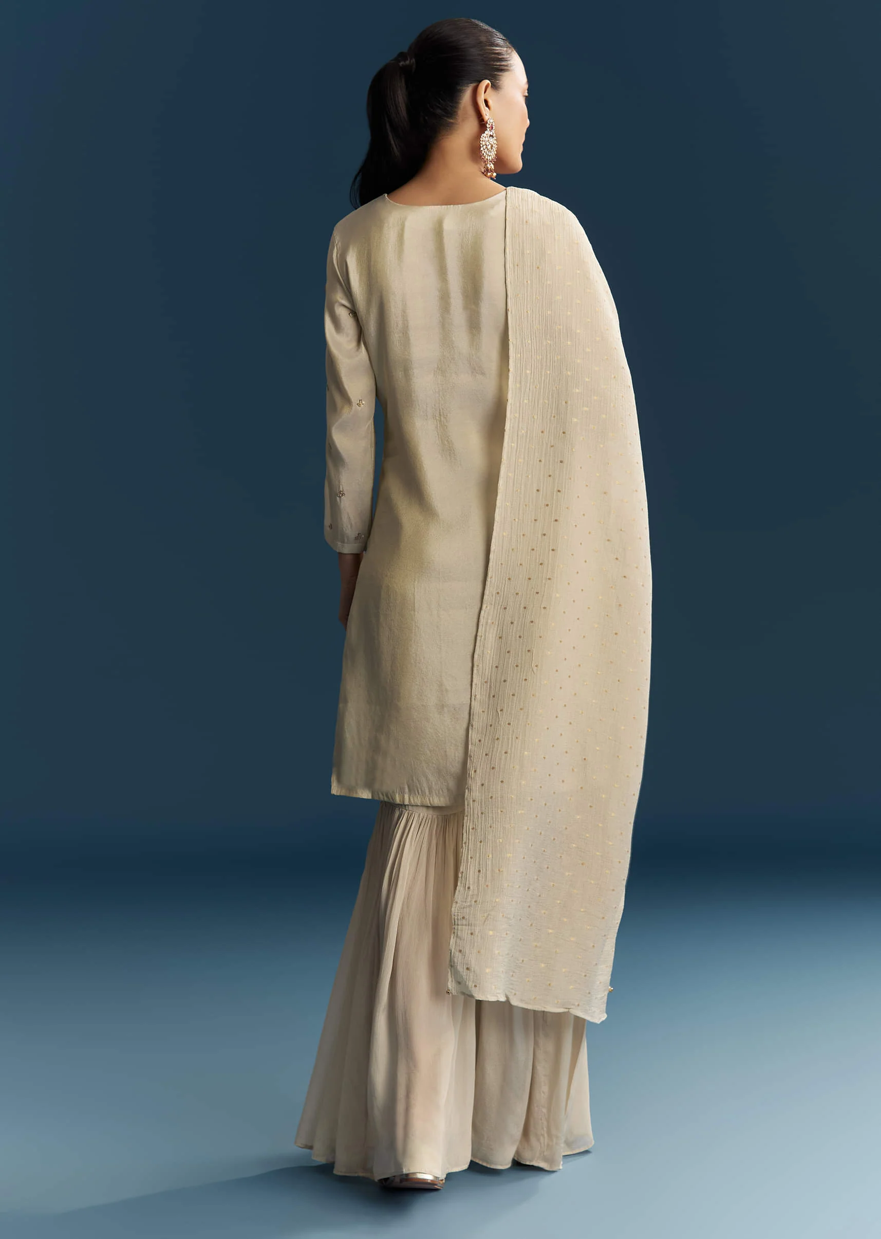 Beige Tissue Sharara Suit With Zardosi And Resham Embroidery - Image 5