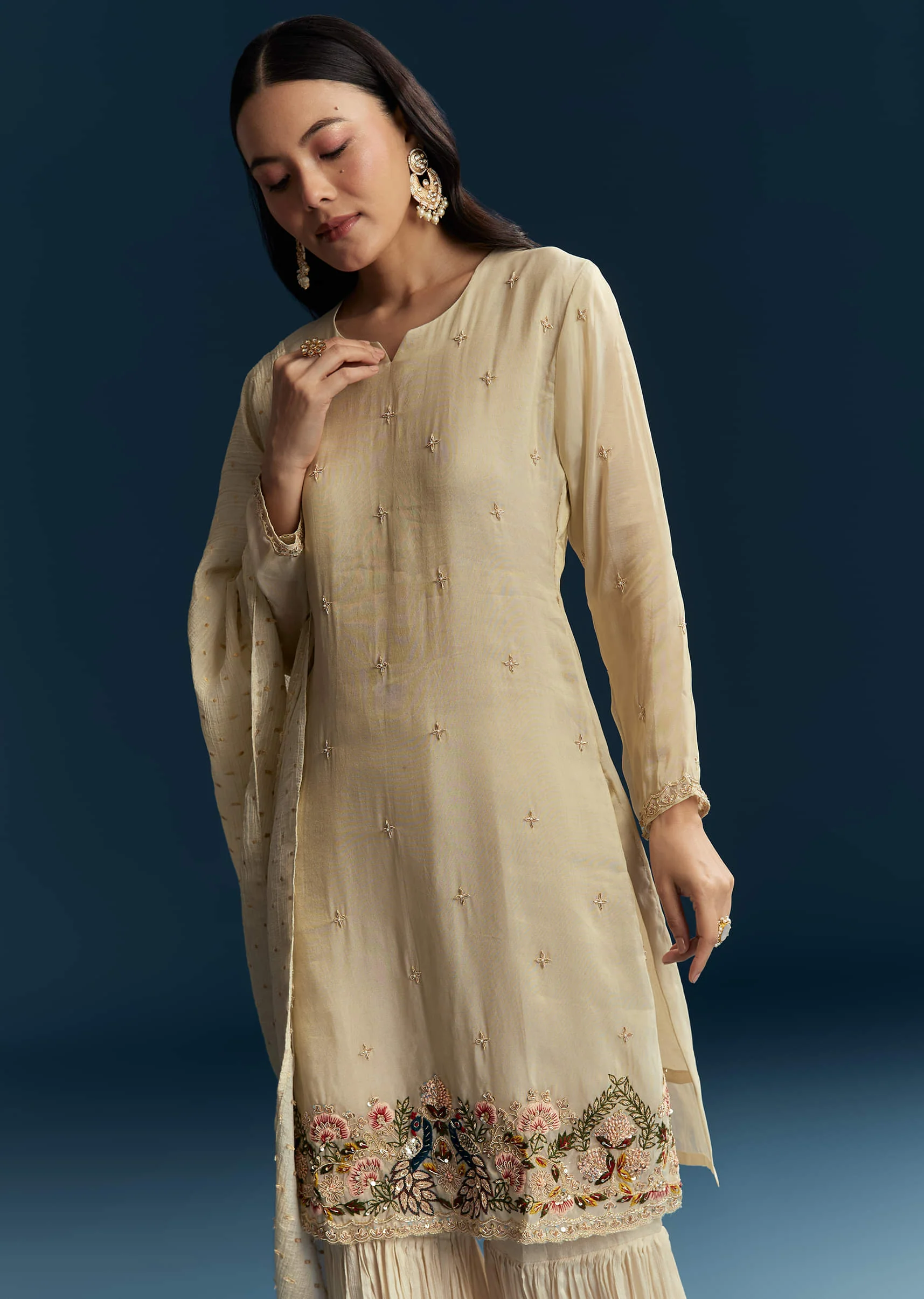 Beige Tissue Sharara Suit With Zardosi And Thread Work - Image 2