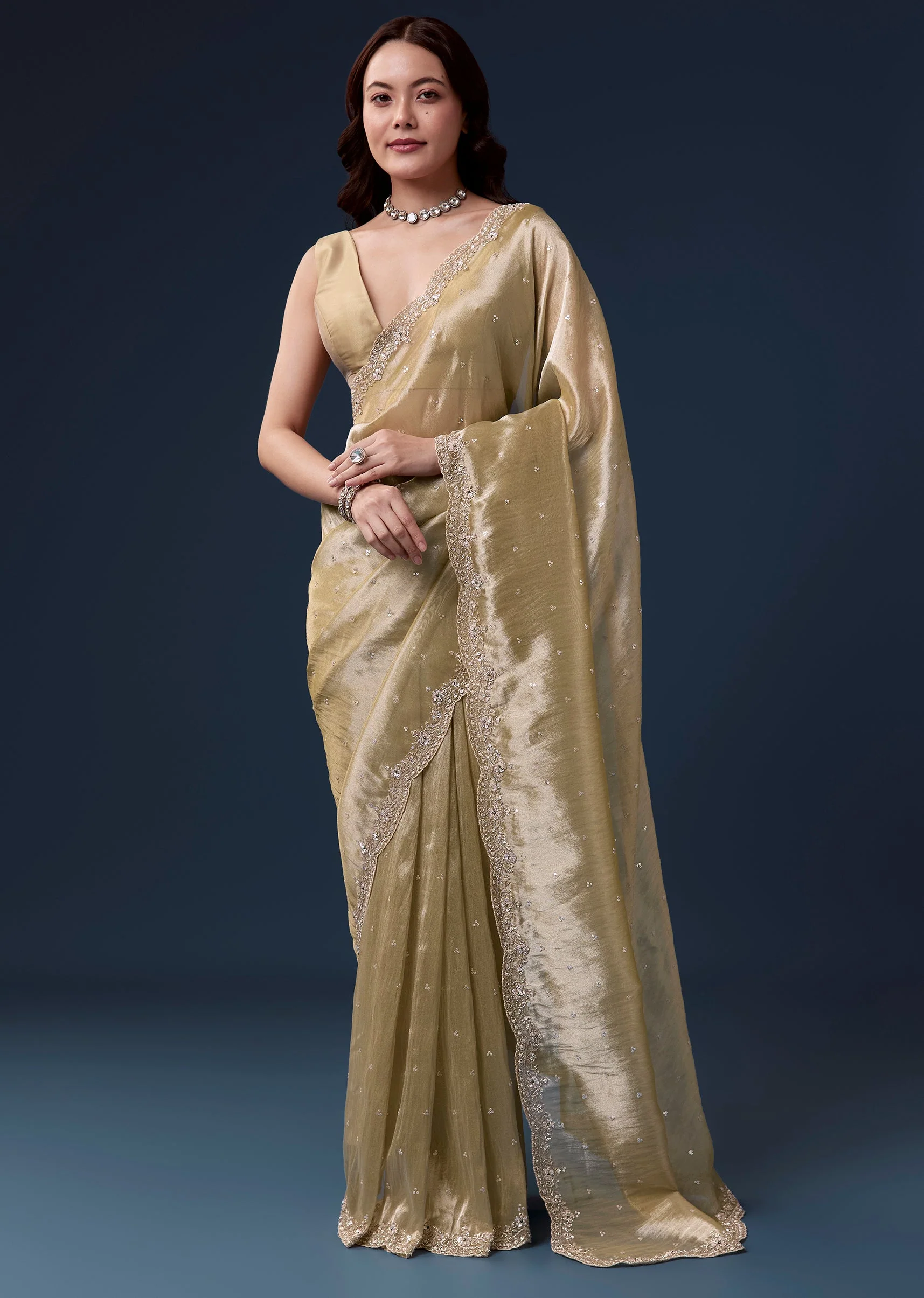 Beige Tissue Silk Saree With Cutdana Beads And Sequin Embroidery
