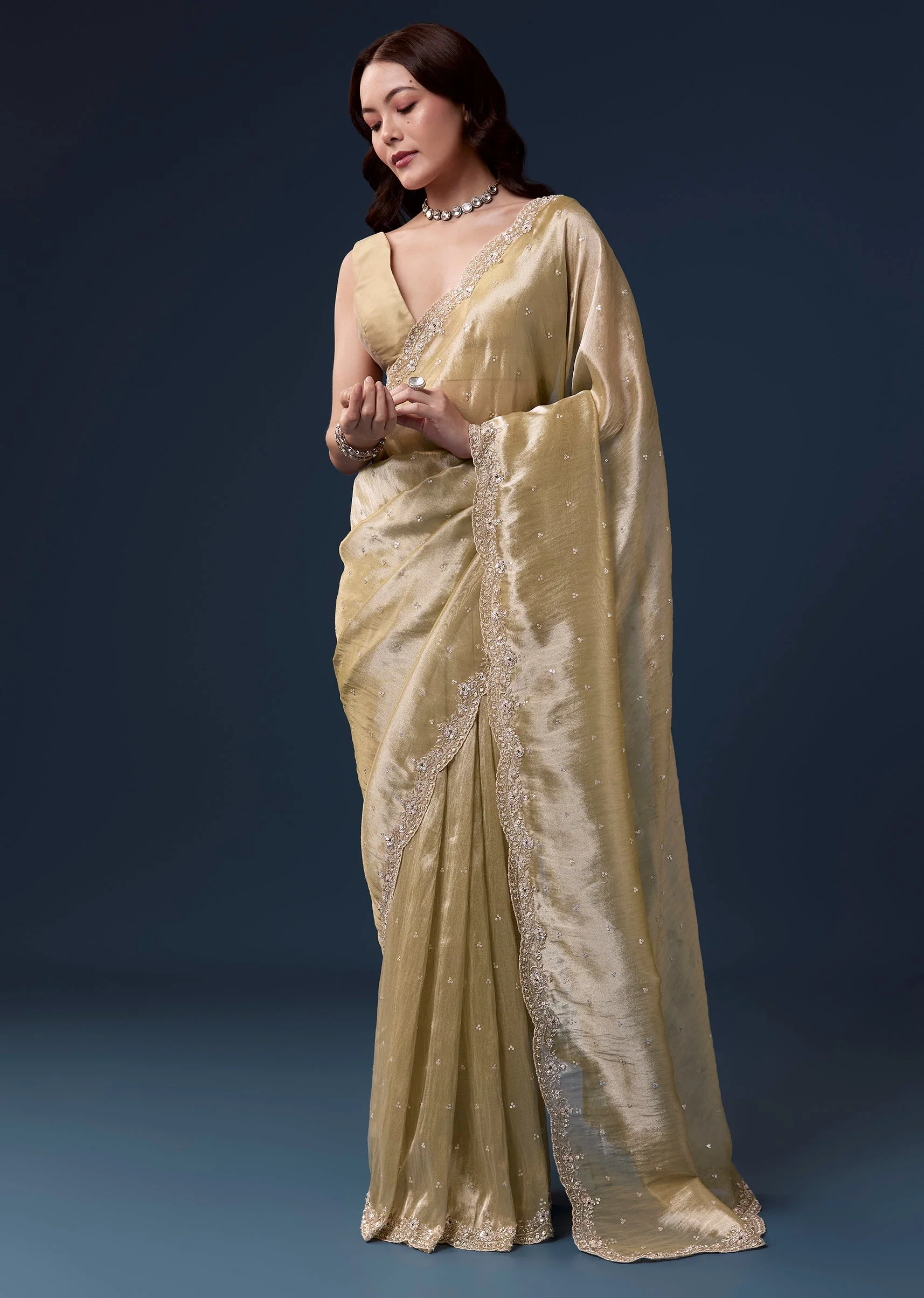 Beige Tissue Silk Saree With Cutdana Beads And Sequin Embroidery - Image 3