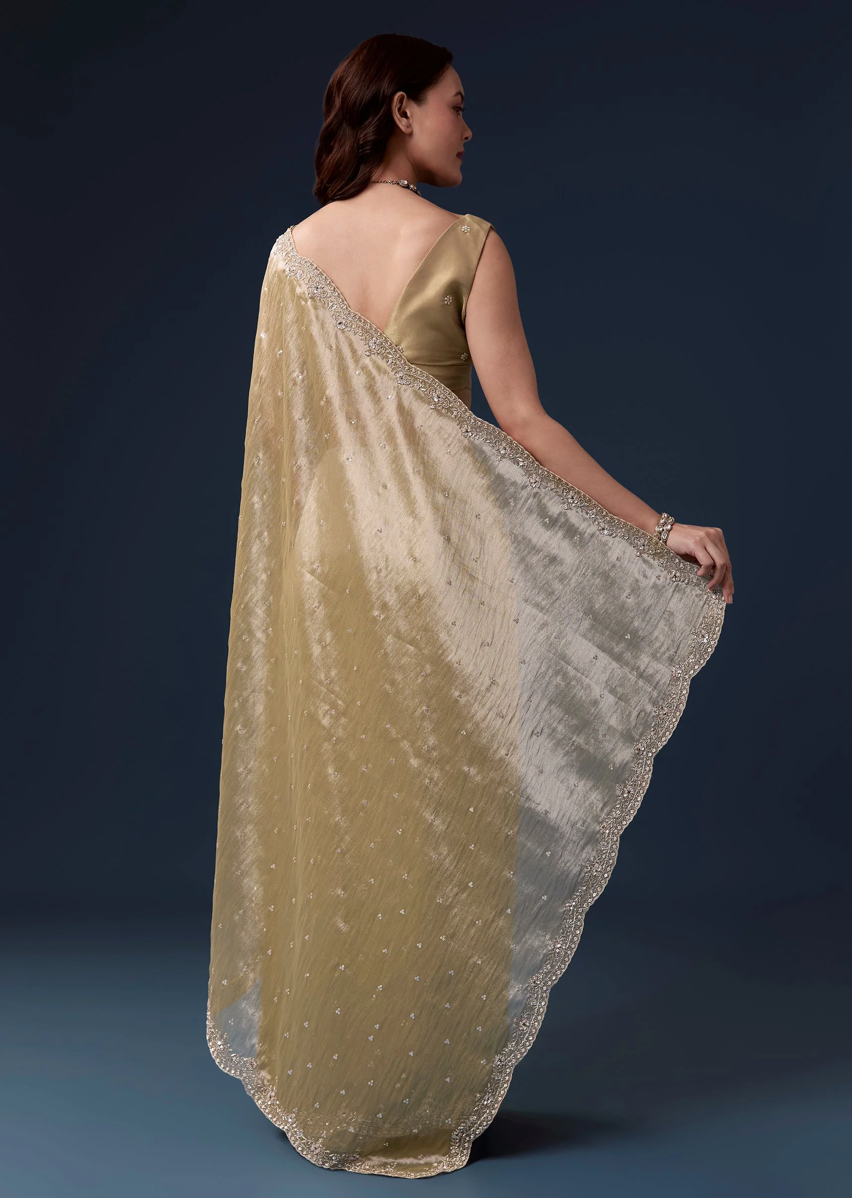 Beige Tissue Silk Saree With Cutdana Beads And Sequin Embroidery - Image 4