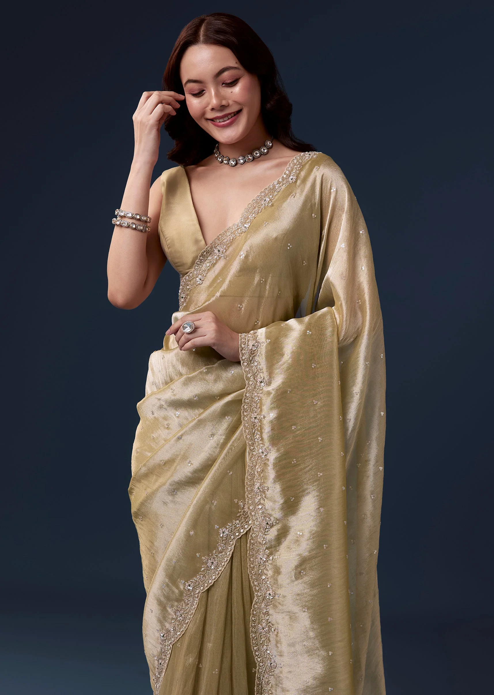 Beige Tissue Silk Saree With Cutdana Beads And Sequin Embroidery - Image 5