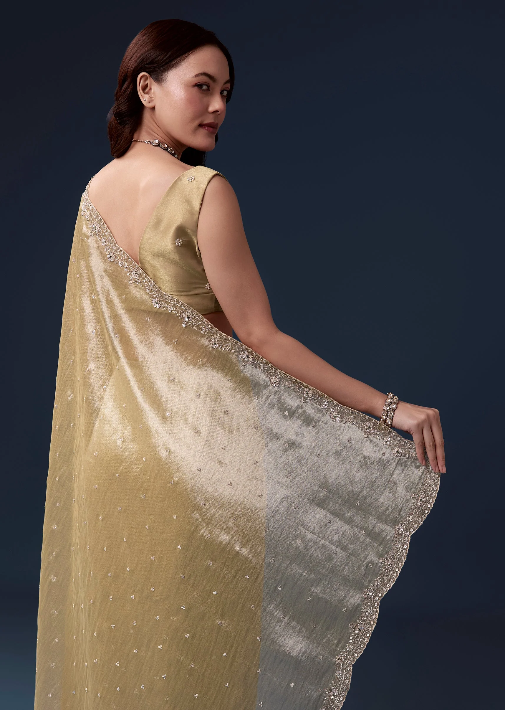 Beige Tissue Silk Saree With Cutdana Beads And Sequin Embroidery - Image 6